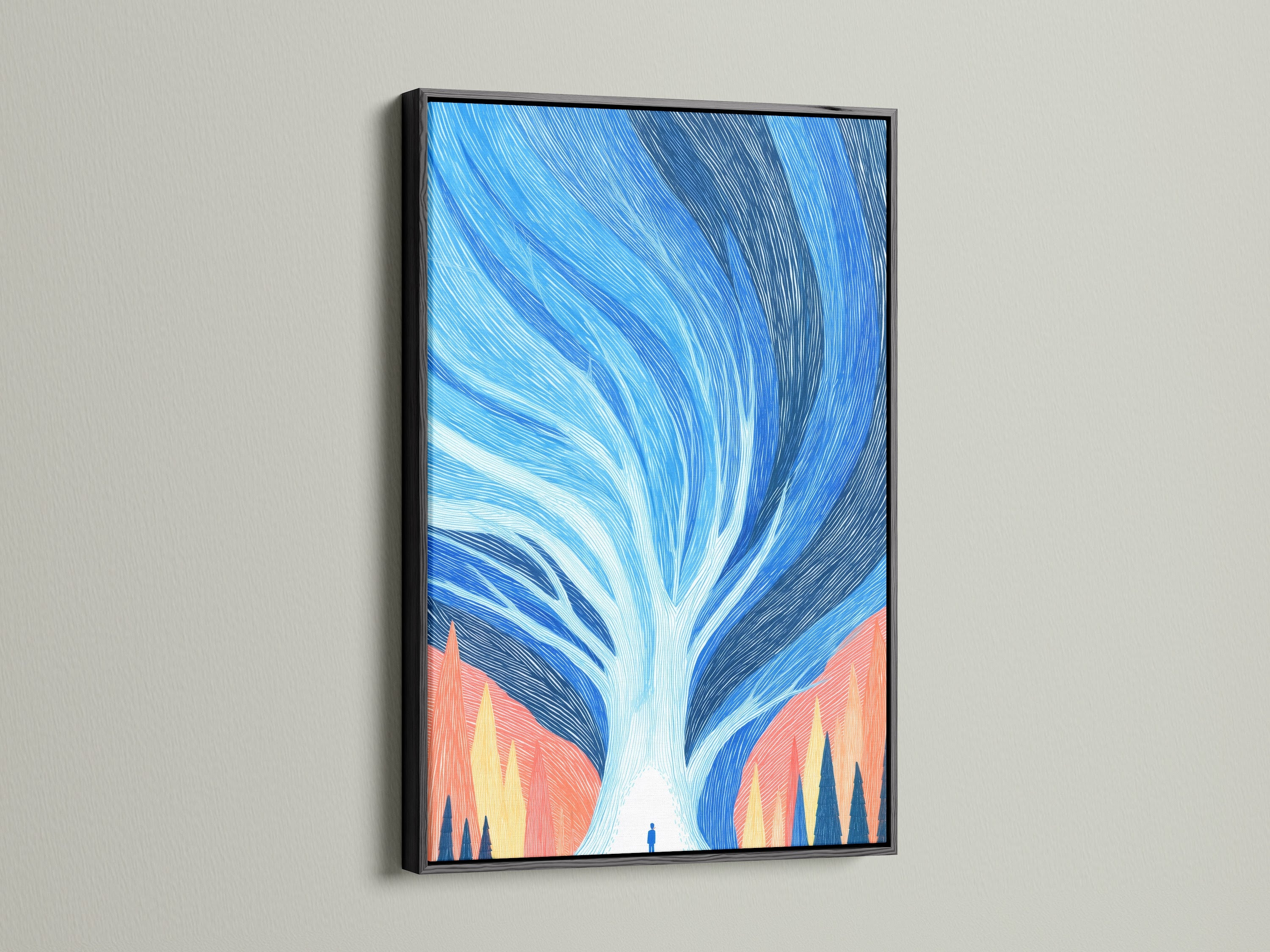 Abstract Tree artwork with a black frame. The black frame creates a bold statement. This piece is a modern nature artwork. The contrast enhances the blue canvas print. Perfect for a sophisticated office or home decor.