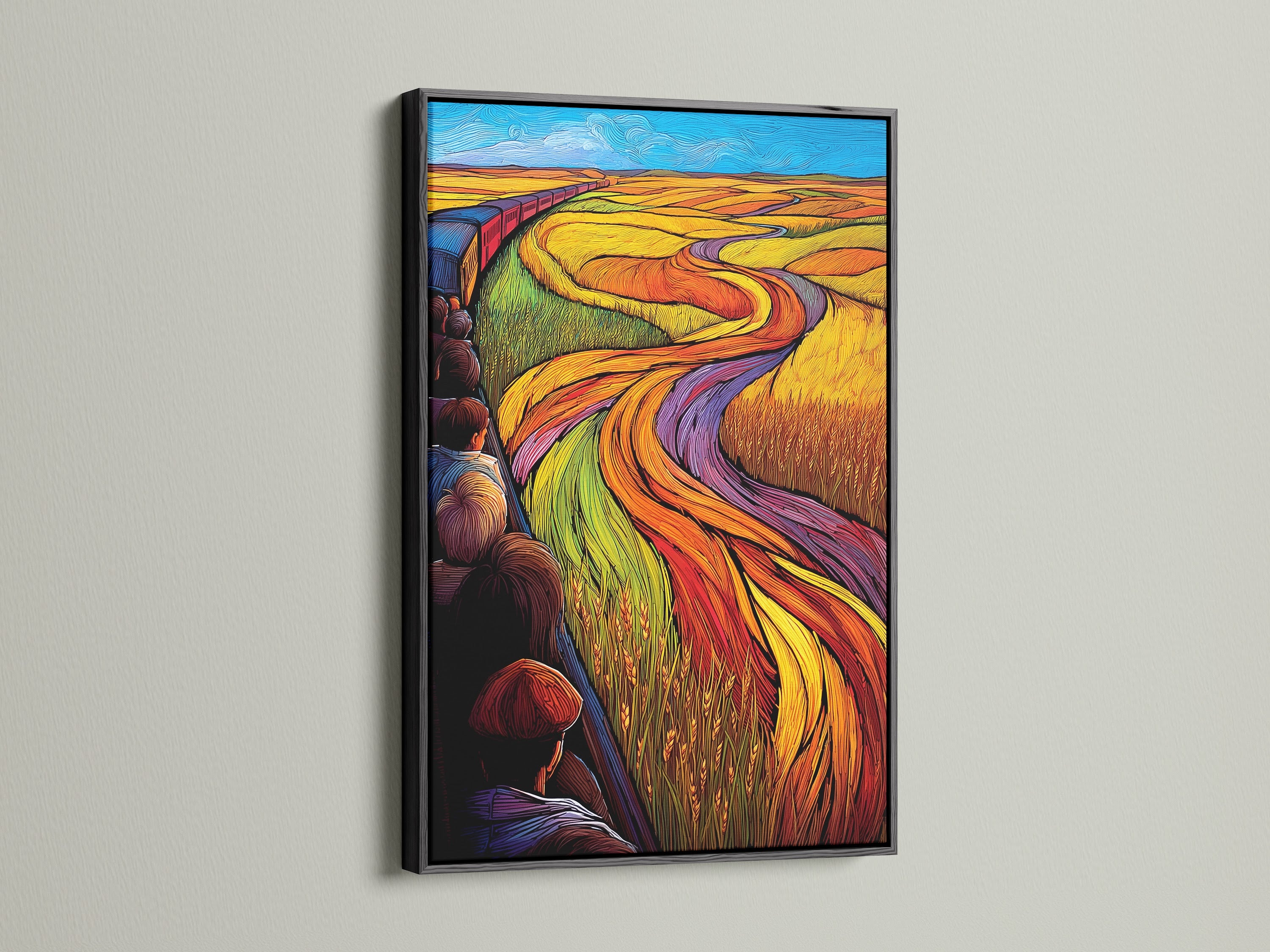 Black frame presenting 'Train Journey' artwork with vibrant colors. The black frame adds a bold and sophisticated touch to the artwork. This modern artwork features people on a train creating a captivating visual. Perfect for adding a contemporary flair to your living room bedroom or office. Explore the beauty of this travel art.