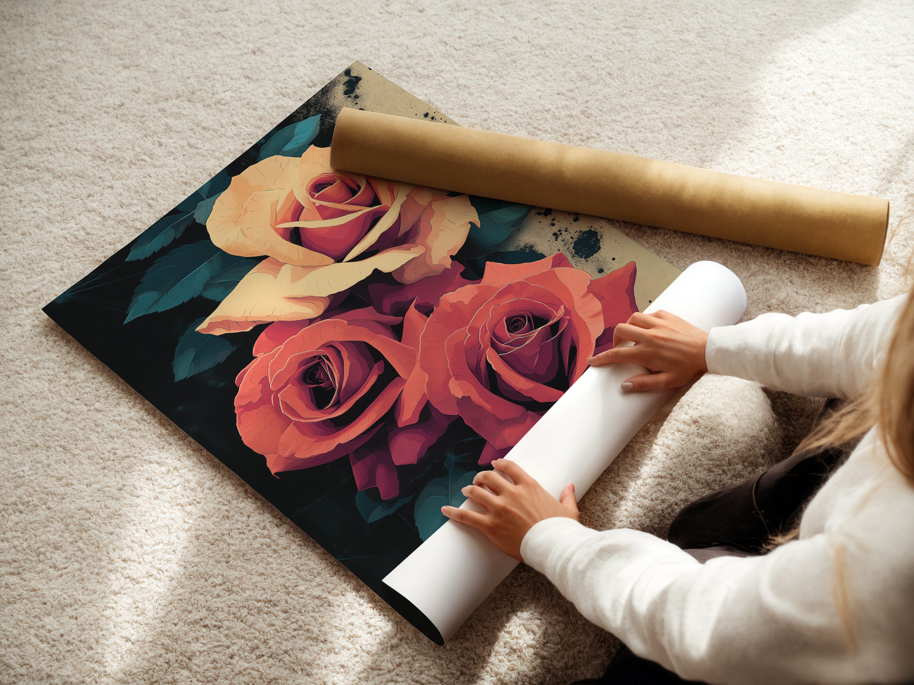 A woman expertly rolls a fine art poster paper. Preparing it for display. The paper is of high quality ensuring the artwork's longevity. Ideal for creating stunning wall art displays. This poster is perfect for your botanical artwork