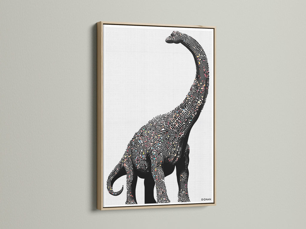 Dinosaur wall art featuring a minimalist brontosaurus canvas print. It is perfect modern nursery decor for a kids room. The artwork has an oak frame. Black and white animal art fits minimalist and Scandinavian styles.
