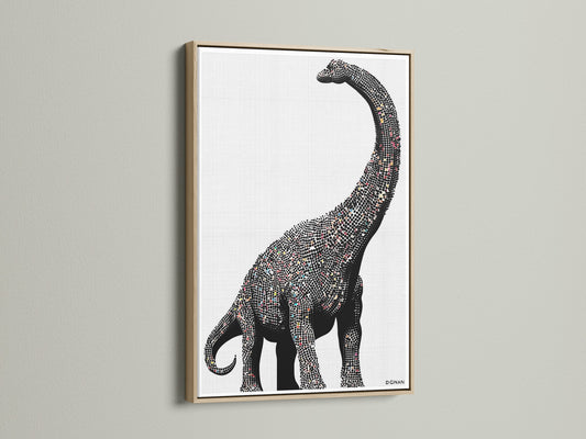 Dinosaur wall art featuring a minimalist brontosaurus canvas print. It is perfect modern nursery decor for a kids room. The artwork has an oak frame. Black and white animal art fits minimalist and Scandinavian styles.