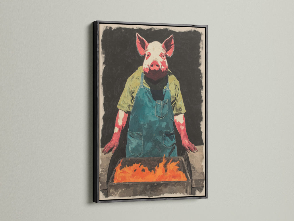 The Pig Chef canvas print is presented in a sleek black frame. This frame provides a contemporary contrast. The artwork features a pig chef tending a BBQ. The black frame enhances the bold colors and details. It is great for adding character to a dining room.