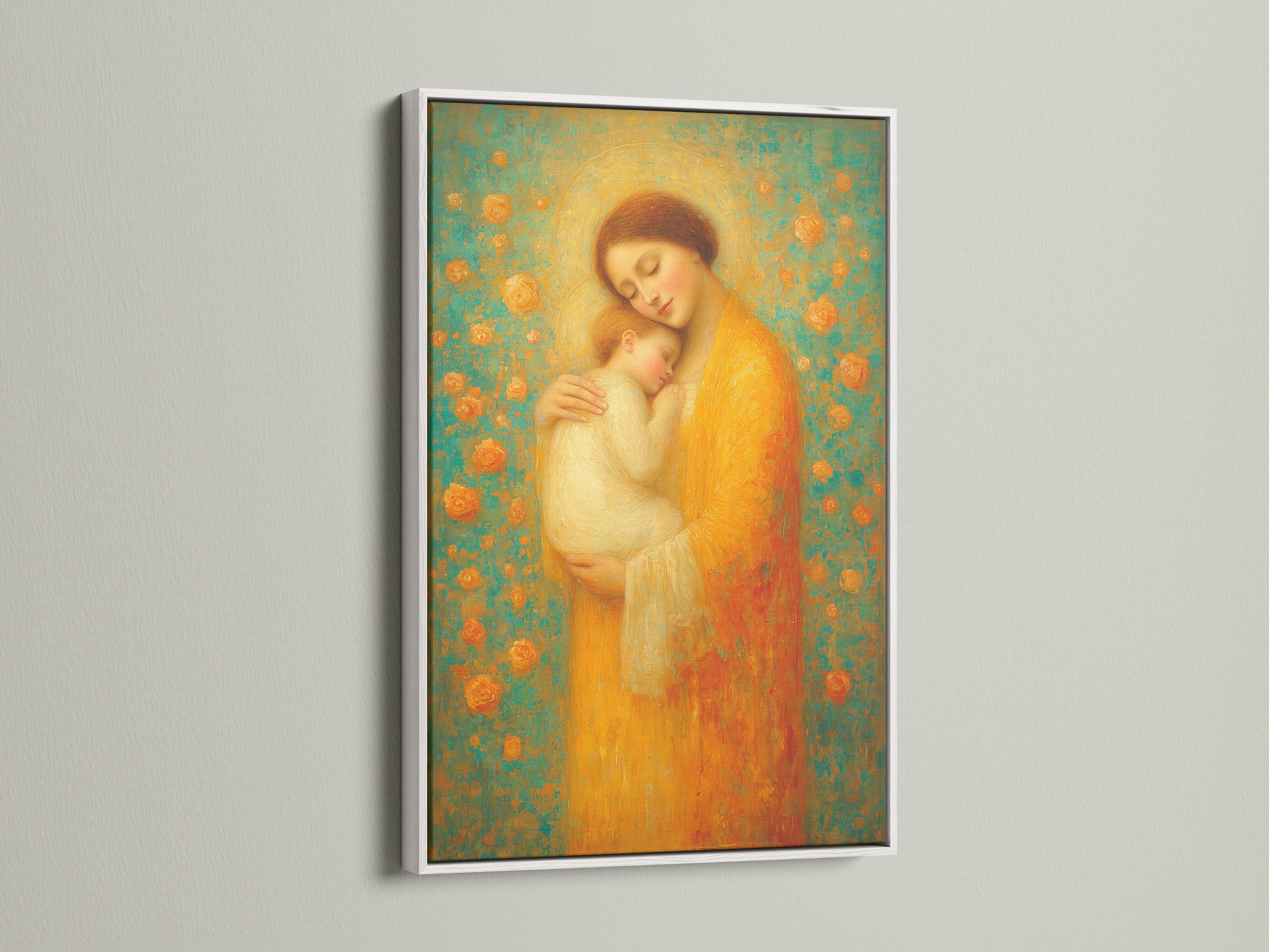 A fine art print of mother and child is showcased in a white frame. The white frame offers a clean modern look. It complements the artwork. It allows the art to stand out. It brightens your space.