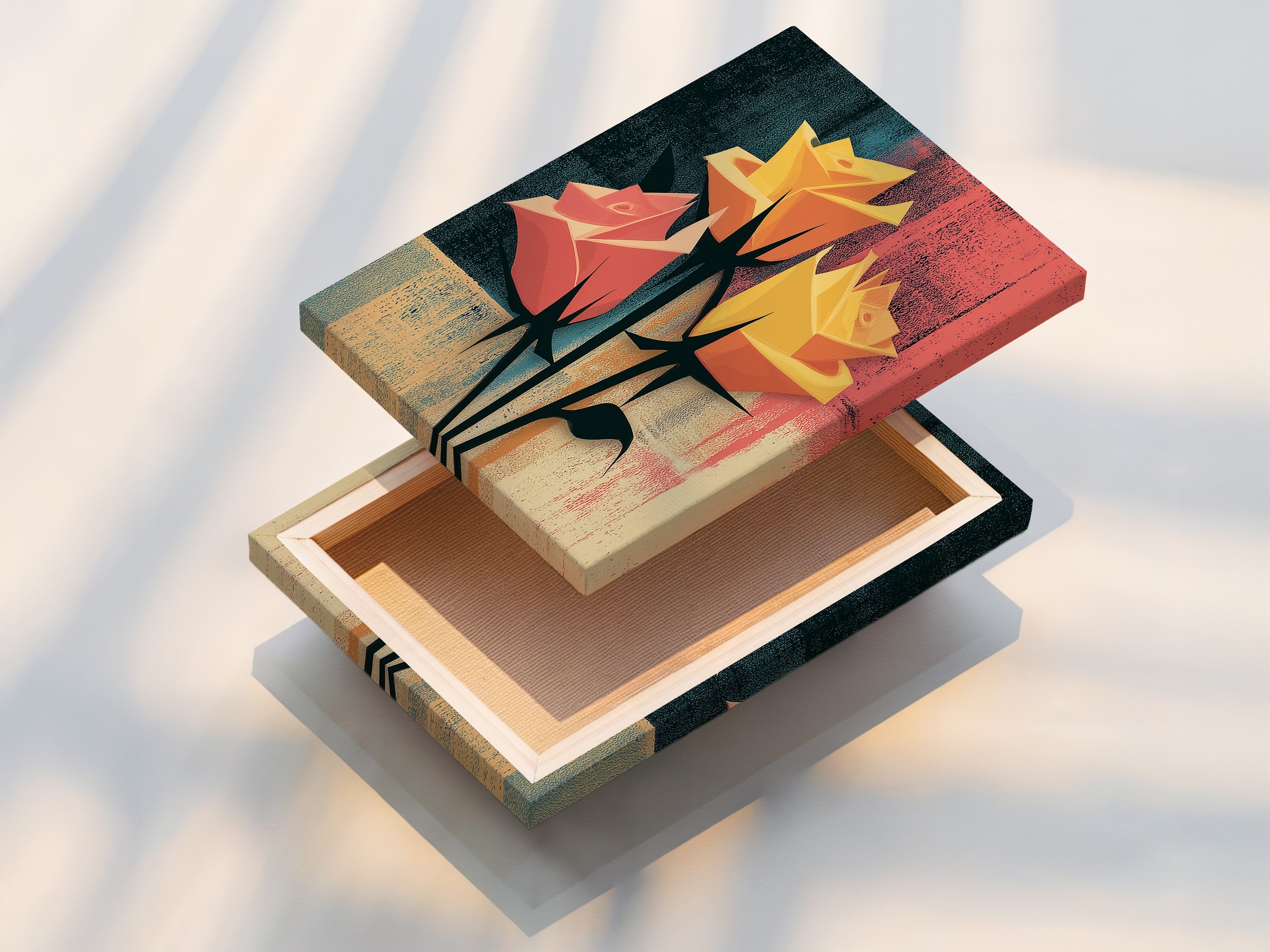 This stretched canvas print features a floral rose artwork. The abstract botanical artwork is modern. It is ready to hang and enjoy. The colors are vibrant yellow and coral.