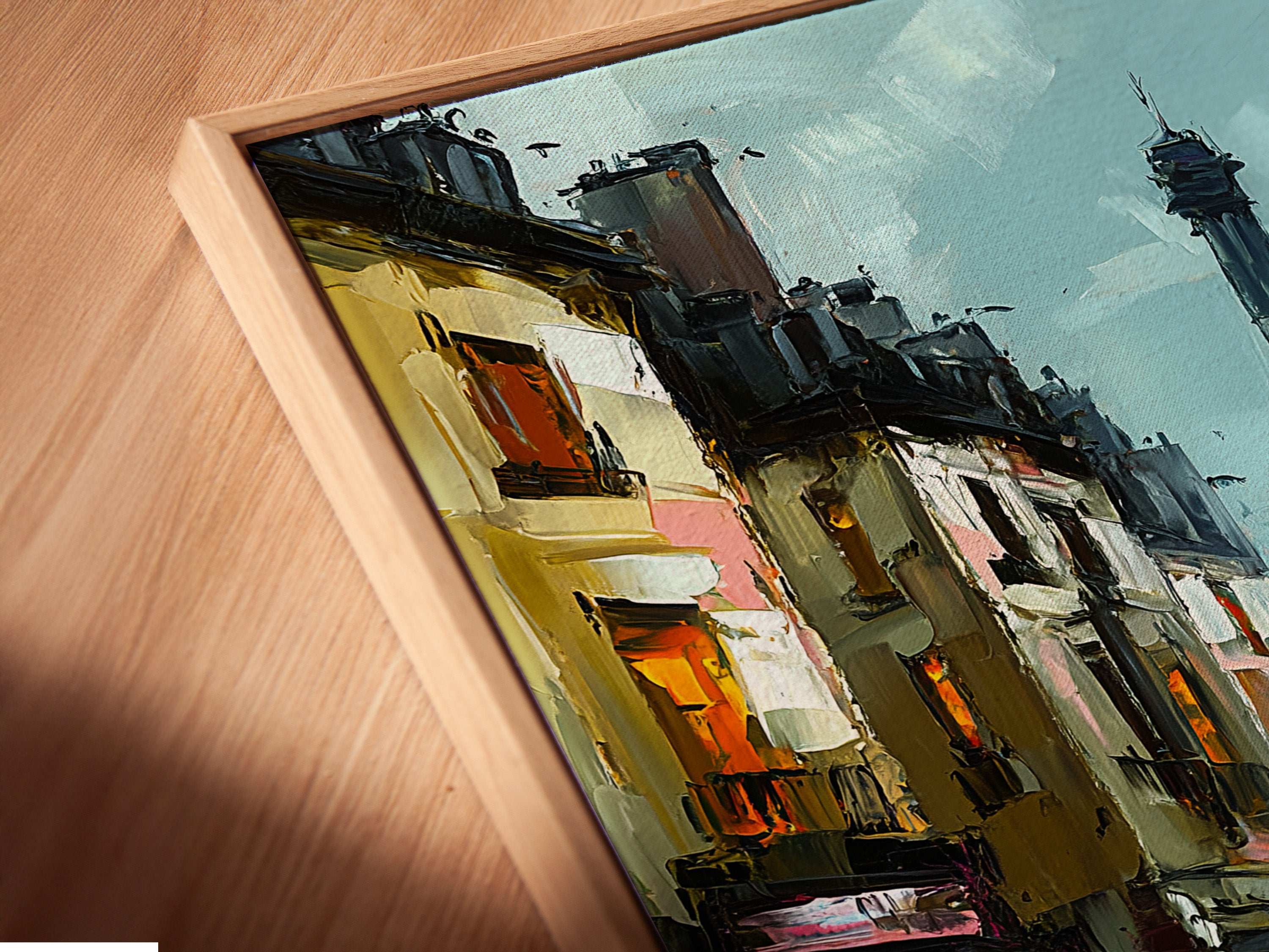 Angled close up of a canvas print in a floating frame. The frame gives the illusion of the artwork floating. It adds a modern touch to any space. The canvas print is a unique and eye-catching piece. The floating frame enhances the overall presentation.