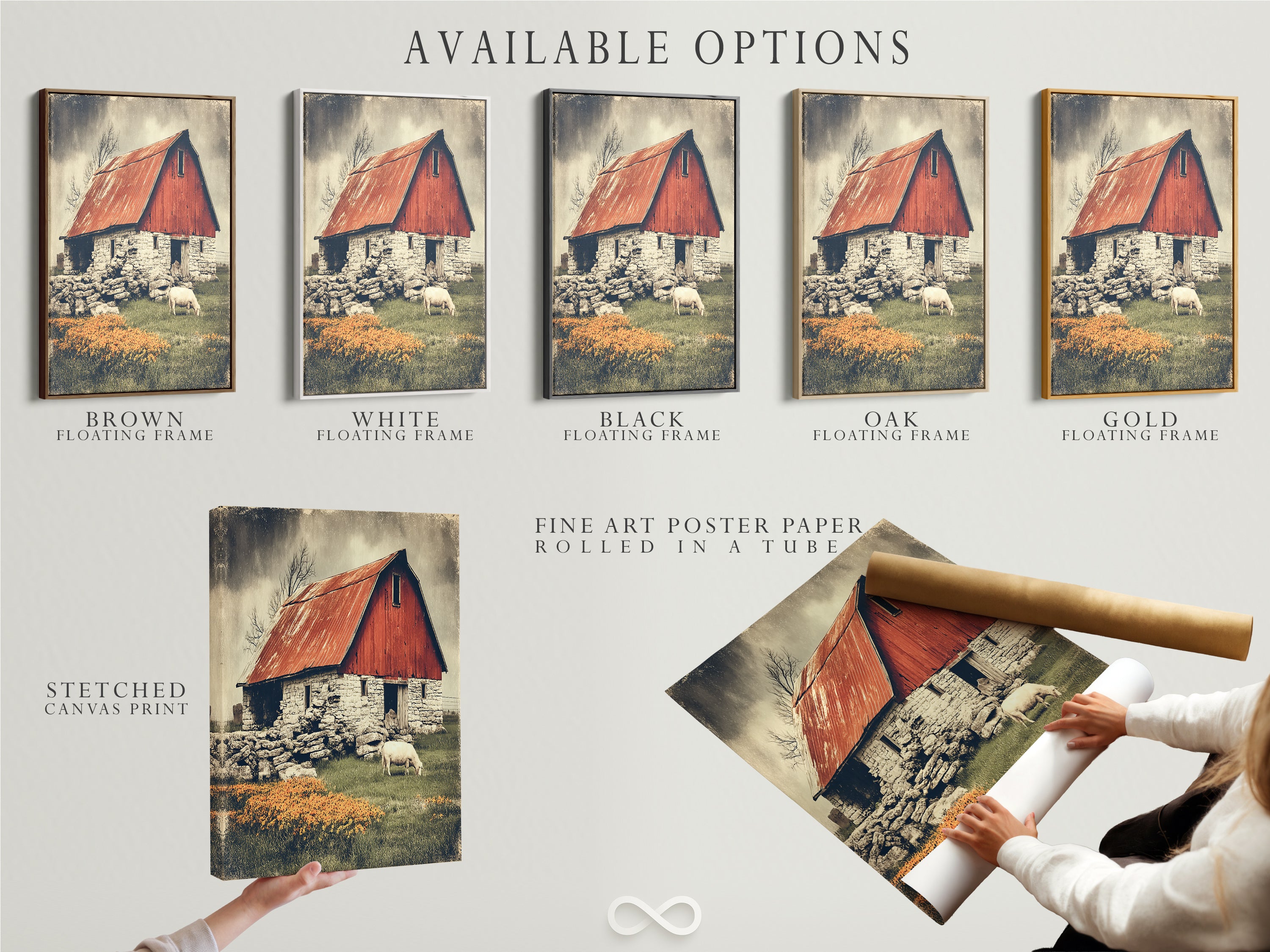 Available options for our rustic barn artwork. Choose from stretched canvas prints fine art poster paper and floating frames. The artwork features a vintage red barn and sheep art. Enhance your farmhouse decor today with country art.