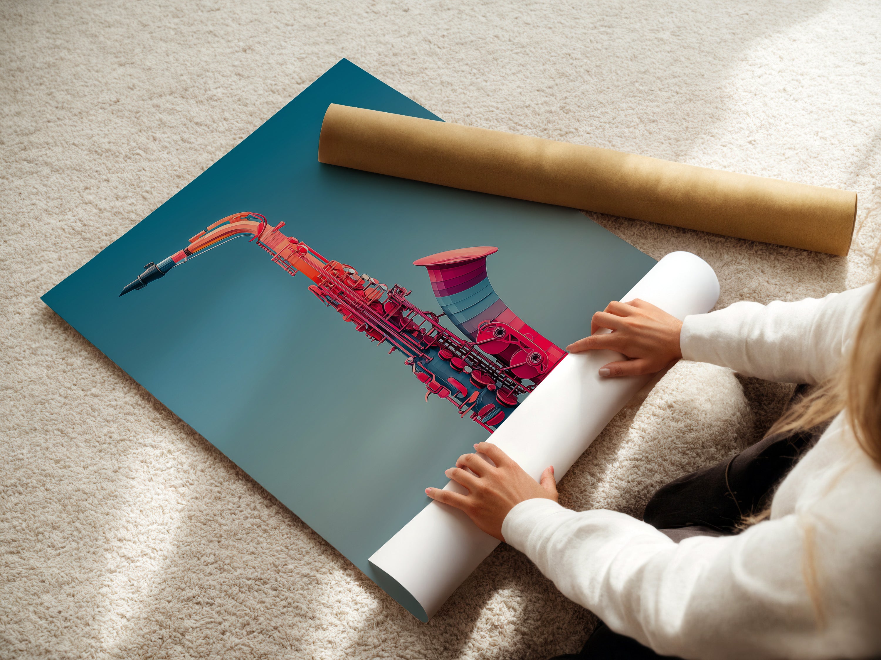 A woman is carefully rolling a fine art poster paper. Preparing a saxophone art print for display. Ensuring the pink Jazz music wall art is pristine. High-quality modern instrument print production. Perfect for your home office or studio decor needs.
