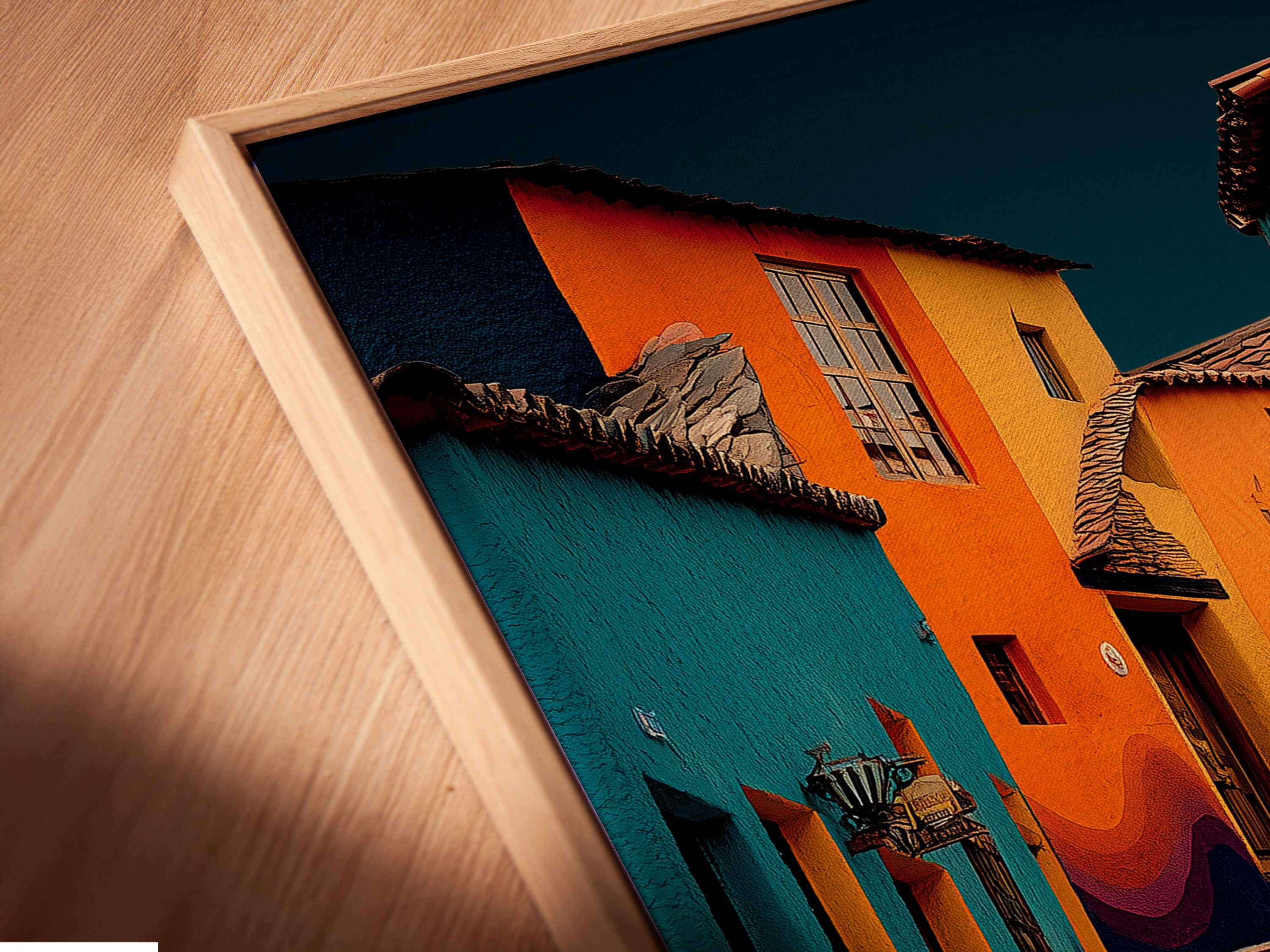 Close-up angled view of a canvas print in a floating frame. The artwork appears to float within the frame. This framing style adds a contemporary touch to the artwork. Perfect for showcasing artwork in a modern and stylish way.