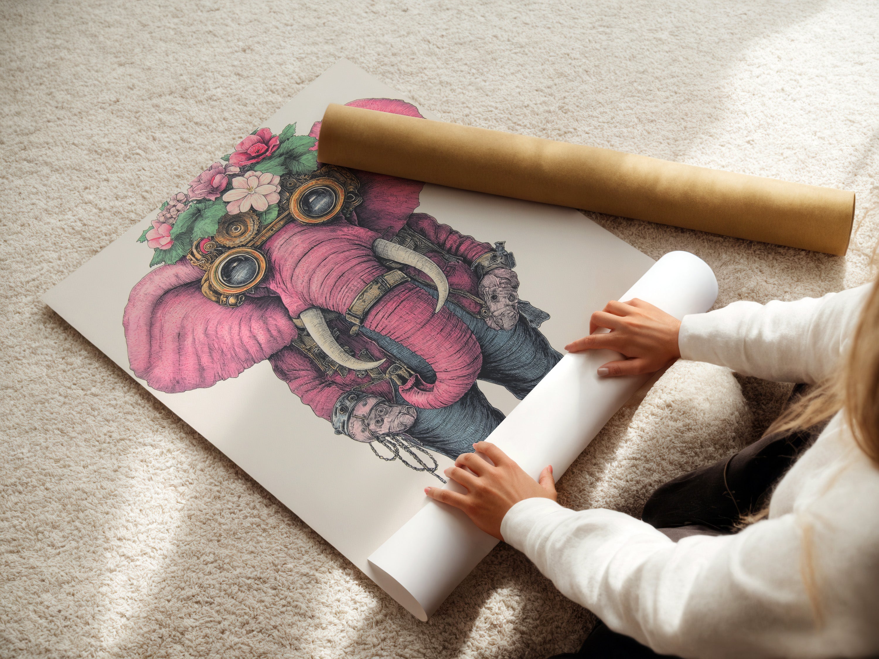 A woman carefully rolls a fine art poster paper featuring a steampunk elephant. The pink elephant artwork is perfect for nursery decor. It is ideal for creating whimsical fantasy wall art.