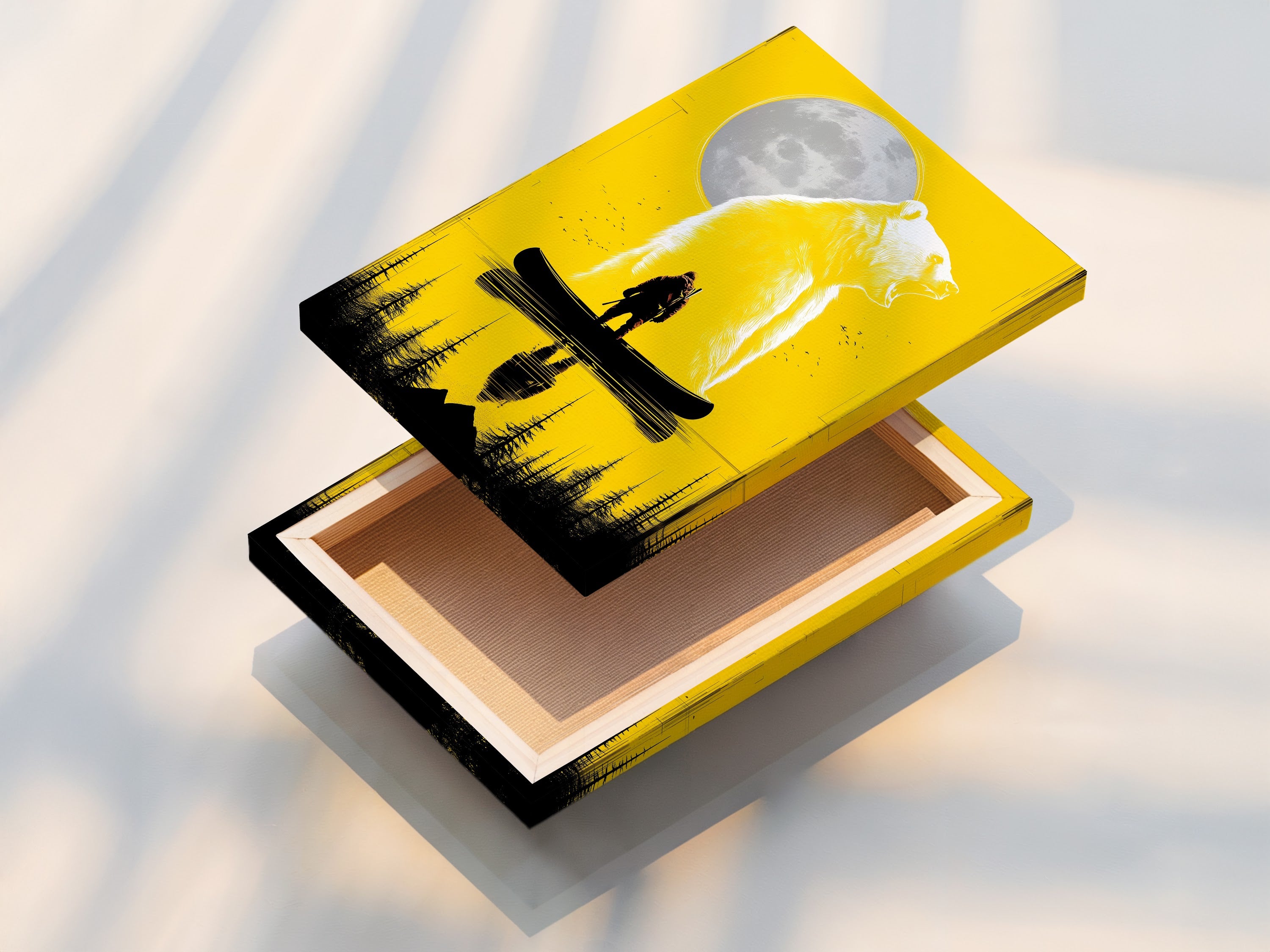 Stretched Canvas Print of Grizzly Bear and Hunter Canoe Artwork. This yellow wildlife art print is stretched on canvas. It is ready to hang. The stretched canvas provides a gallery-quality look. Ideal for rustic home decor.