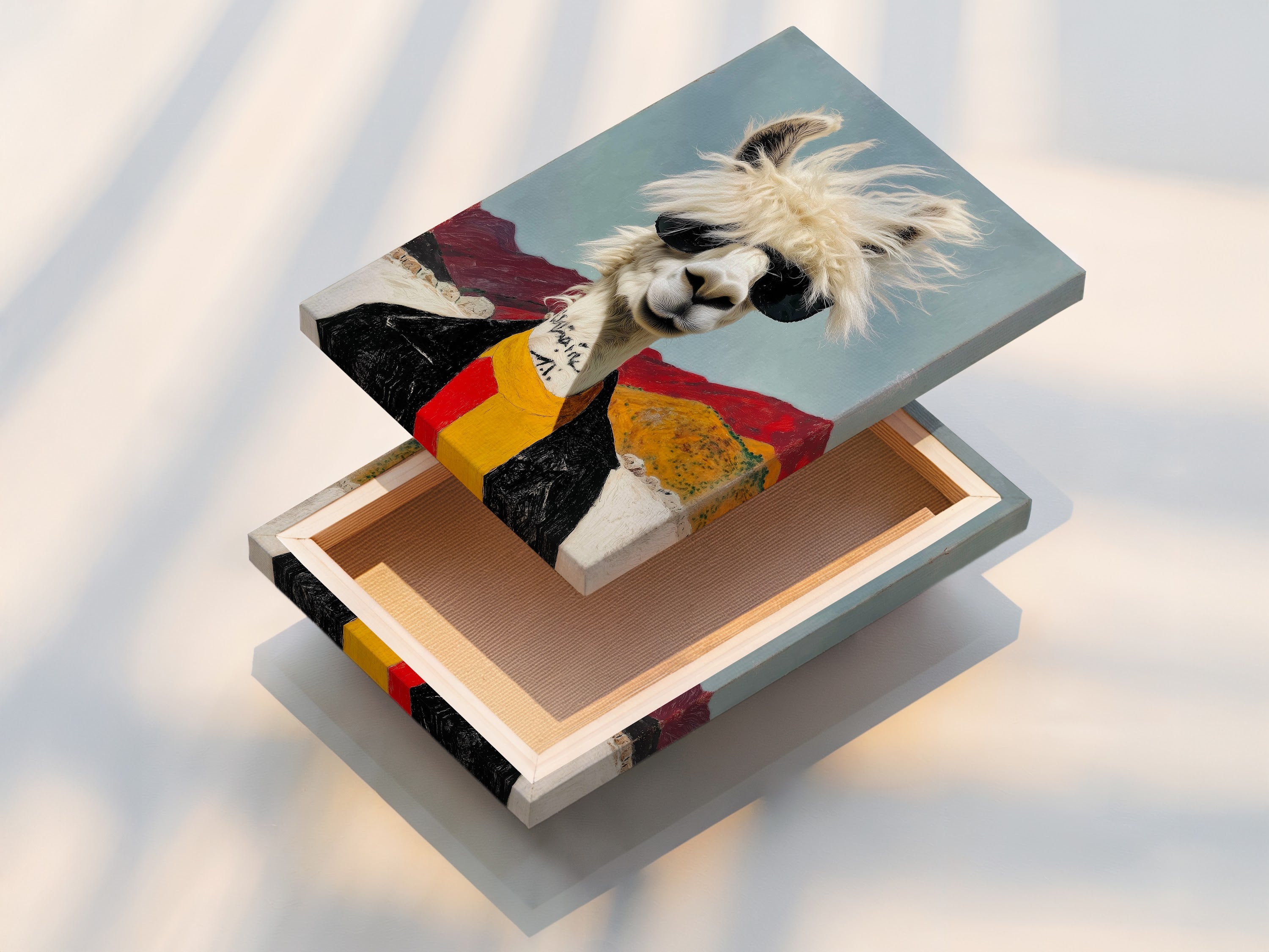 A stretched canvas print displays cool llama artwork. This quirky animal wall art features a llama with sunglasses. This funny alpaca canvas is ready to hang. Great animal portrait art.