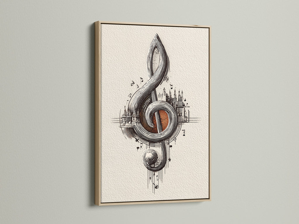 Treble clef art in an oak frame. This music city art print adds a touch of elegance to any space. It's a thoughtful musician gift and complements music themed decor. The oak frame enhances the artwork's vintage music art style.