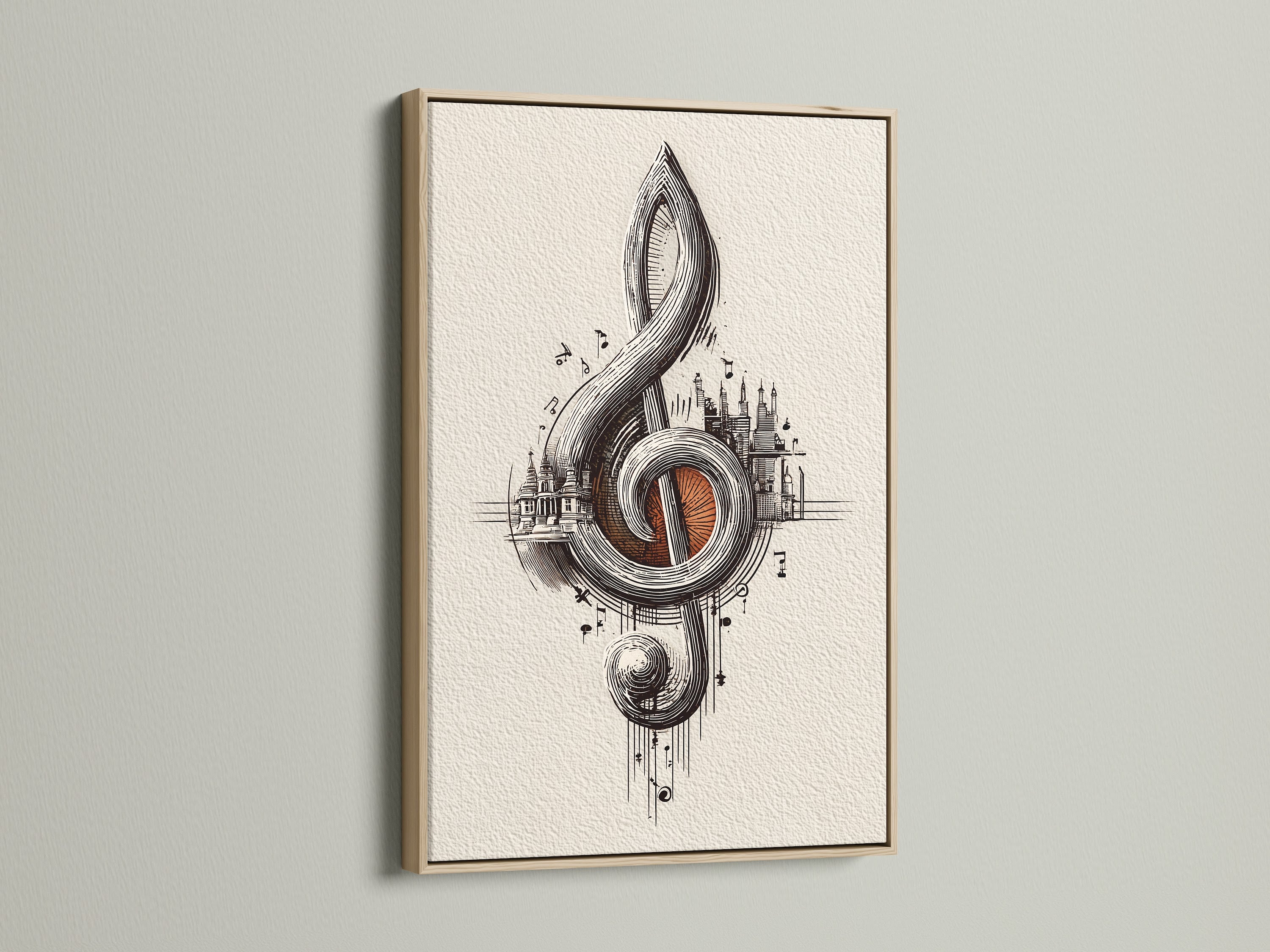 Treble clef art in an oak frame. This music city art print adds a touch of elegance to any space. It's a thoughtful musician gift and complements music themed decor. The oak frame enhances the artwork's vintage music art style.
