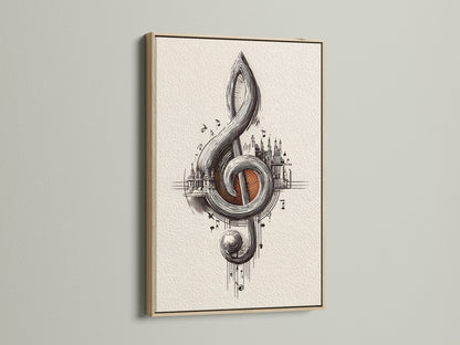 Treble clef art in an oak frame. This music city art print adds a touch of elegance to any space. It's a thoughtful musician gift and complements music themed decor. The oak frame enhances the artwork's vintage music art style.