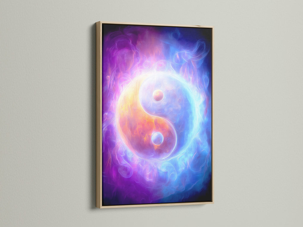 Discover the beauty of a Yin Yang cosmic energy wall art print. It is displayed in an oak frame. The spiritual purple and blue abstract art promotes balance. It is perfect for meditation rooms and holistic centers. This zen wall decor enhances any space with mystical artwork