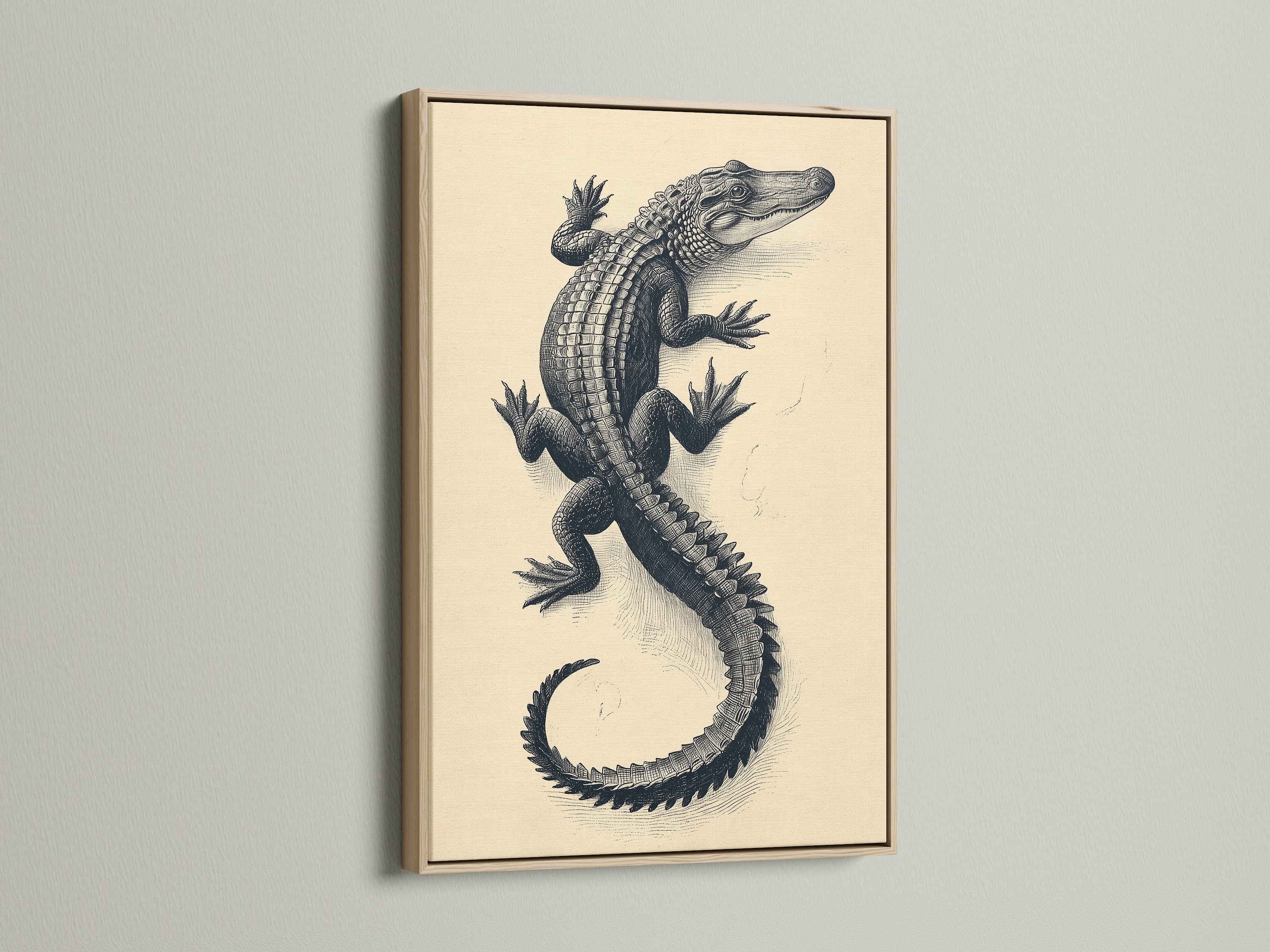 Vintage Alligator Art Print showcased in an oak frame. This reptile wall art piece highlights the beauty of natural history artwork. The crocodile print is ideal for adding a vintage touch to your decor. Enhance your study room or living space with this unique antique animal art.
