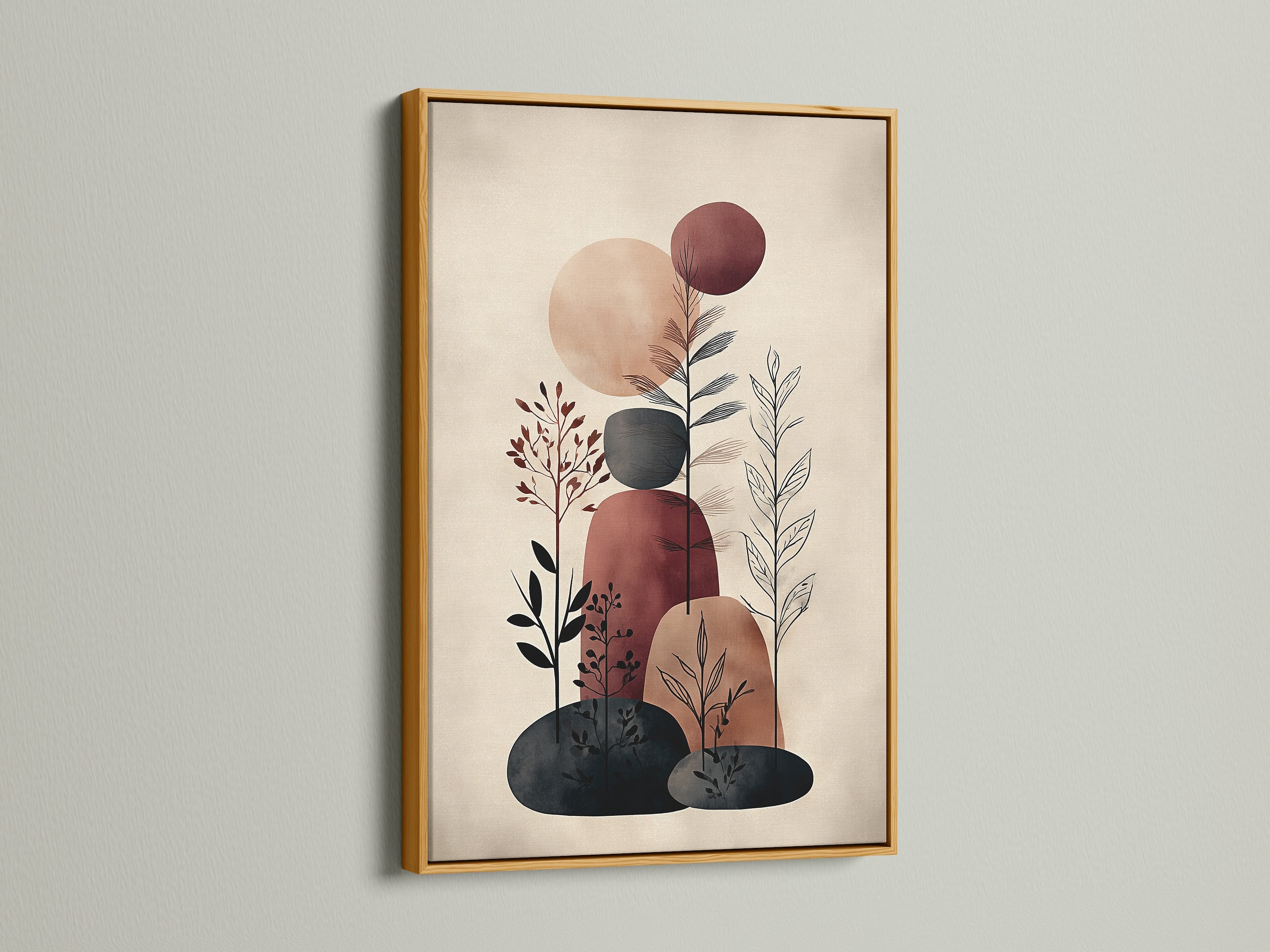 A gold frame elevates this abstract botanical art print. The metallic accent adds glamour to the minimalist artwork. Perfect for adding a touch of luxury to your earth tone decor. This modern canvas art enhances your office wall art or coastal inspired living room.