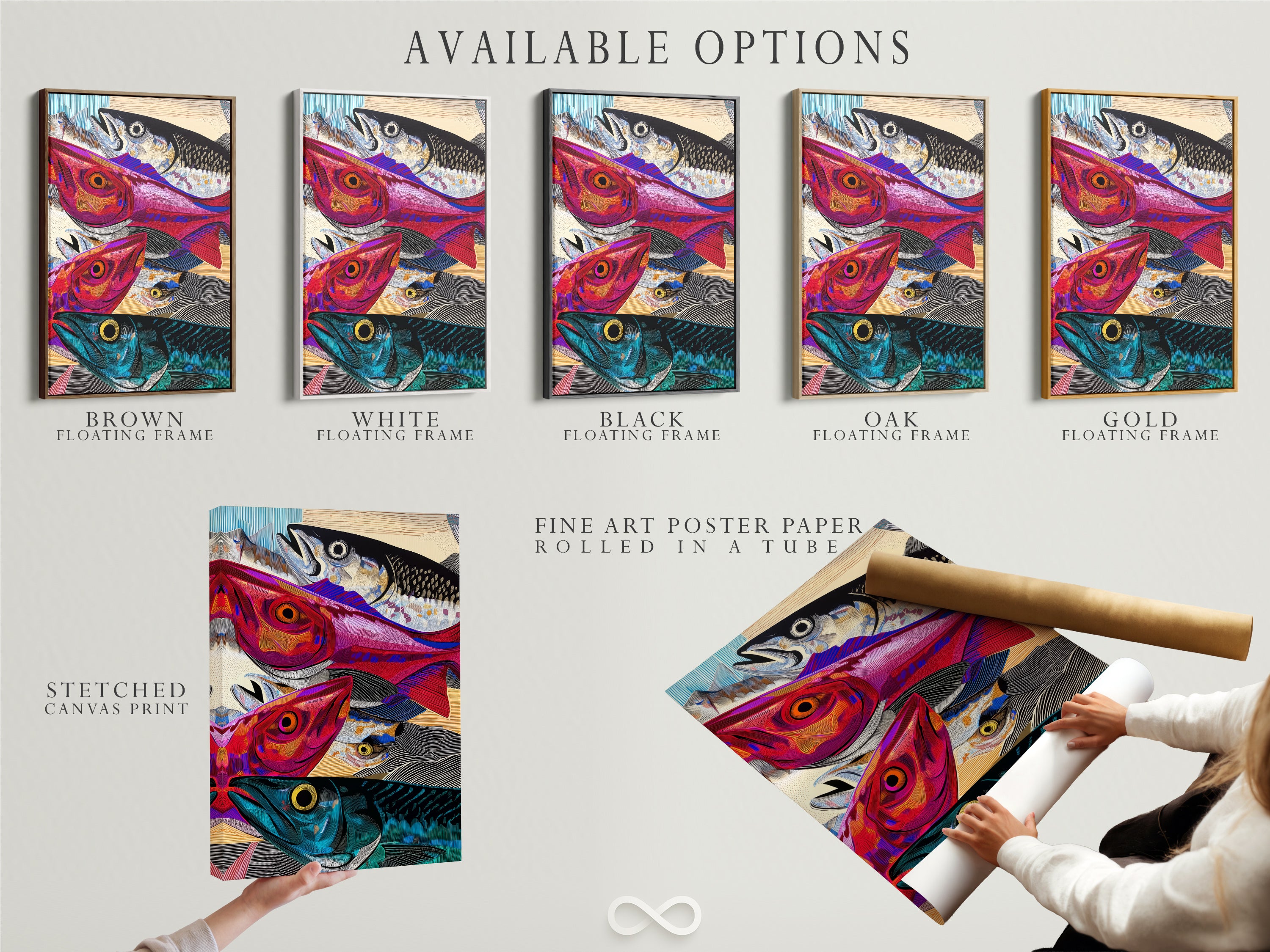 Available options include stretched canvas print fine art poster paper and floating frame. Customize your artwork to fit your style. This modern marine life canvas wall art is versatile. It enhances any decor.