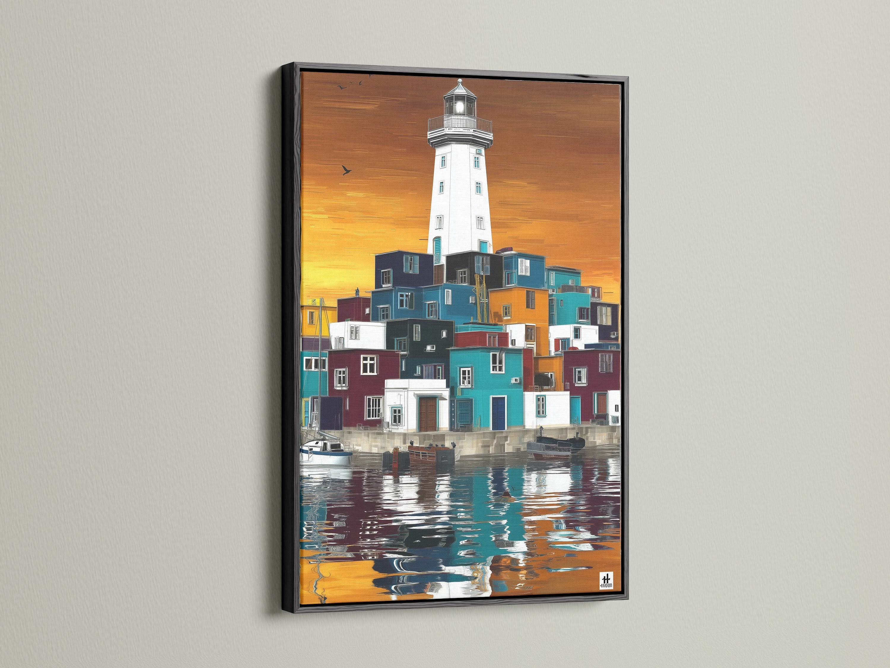 The coastal lighthouse artwork is elegantly framed in black. This bold frame choice makes the colors pop. The nautical wall art creates a sophisticated focal point. The ocean view print adds depth and character. Perfect for modern spaces.