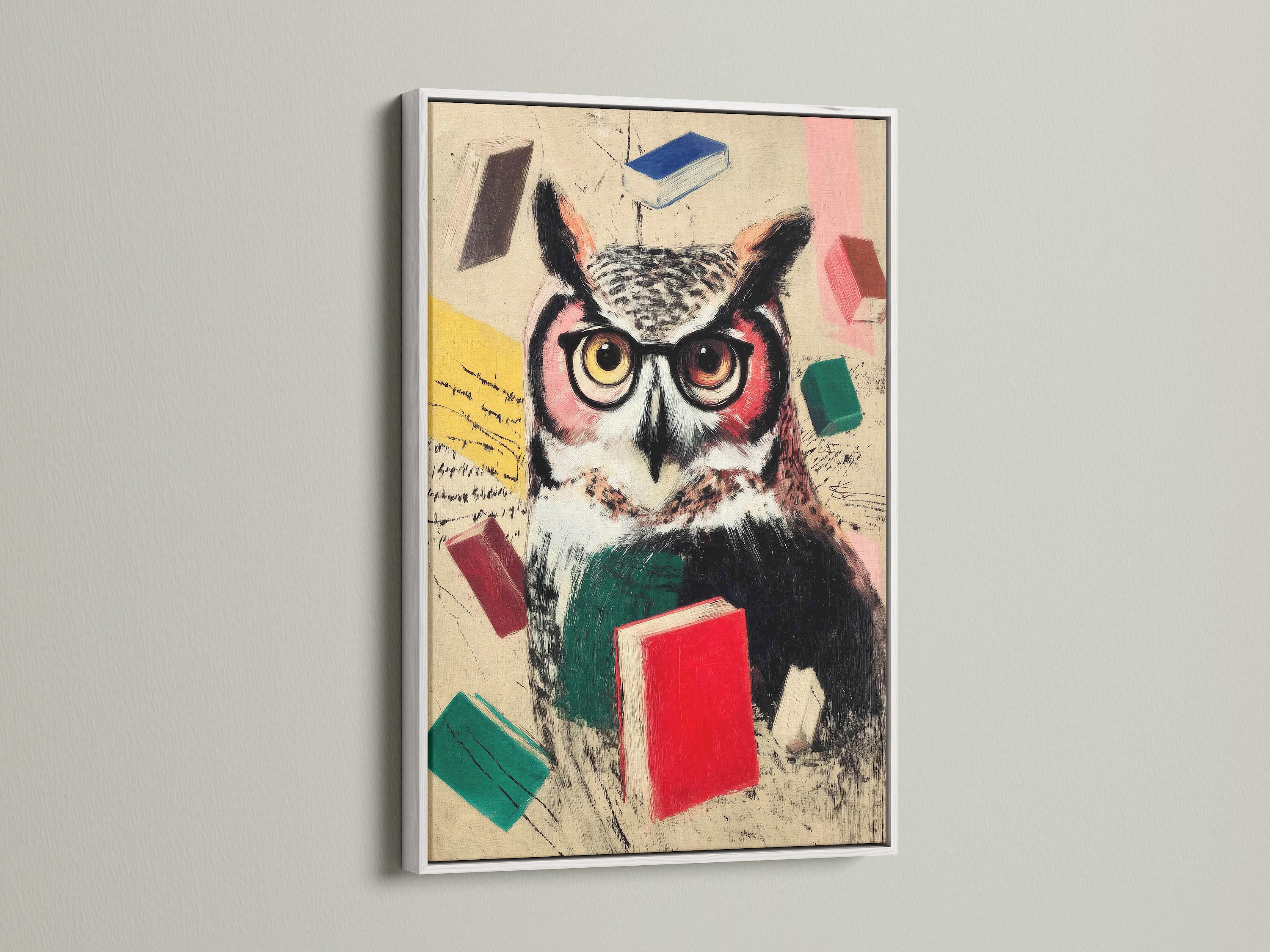 A wise owl artwork is showcased in a white frame. This academic wall art features an owl with books. It is perfect for a study room. Enhance your space with this scholarly owl print.