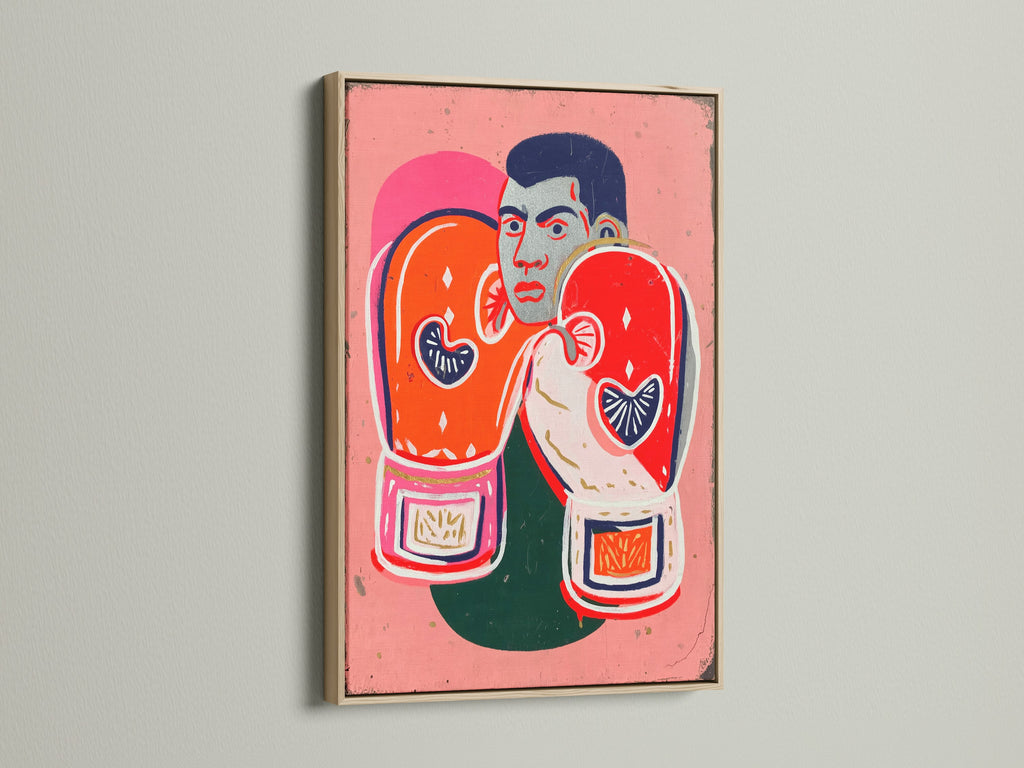 A close-up of the boxing legend canvas print in an oak frame. The artwork features a boxer with vibrant orange and pink colors. Perfect for gym wall decor or a sports bar. Add a touch of vintage art.
