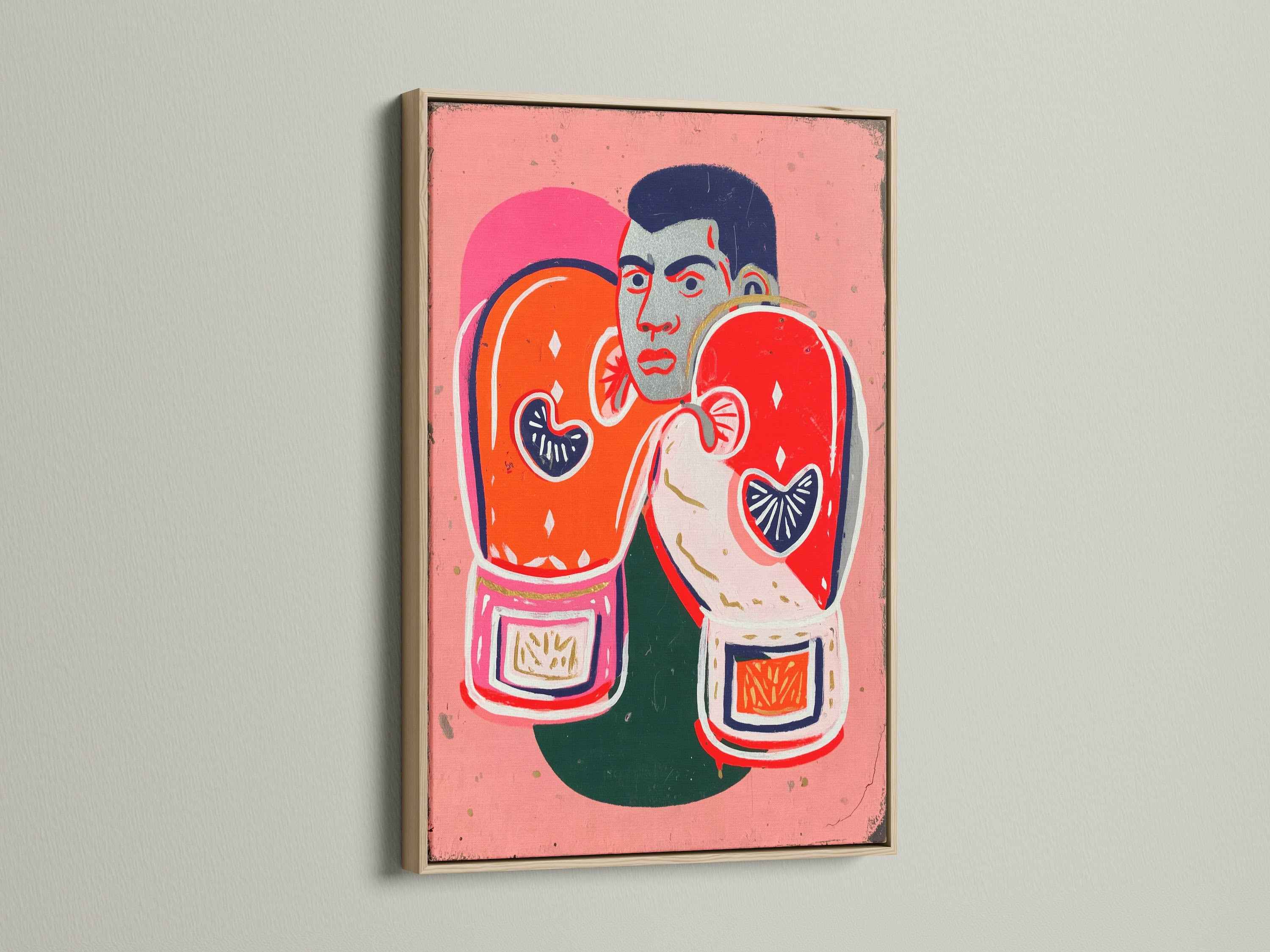 A close-up of the boxing legend canvas print in an oak frame. The artwork features a boxer with vibrant orange and pink colors. Perfect for gym wall decor or a sports bar. Add a touch of vintage art.