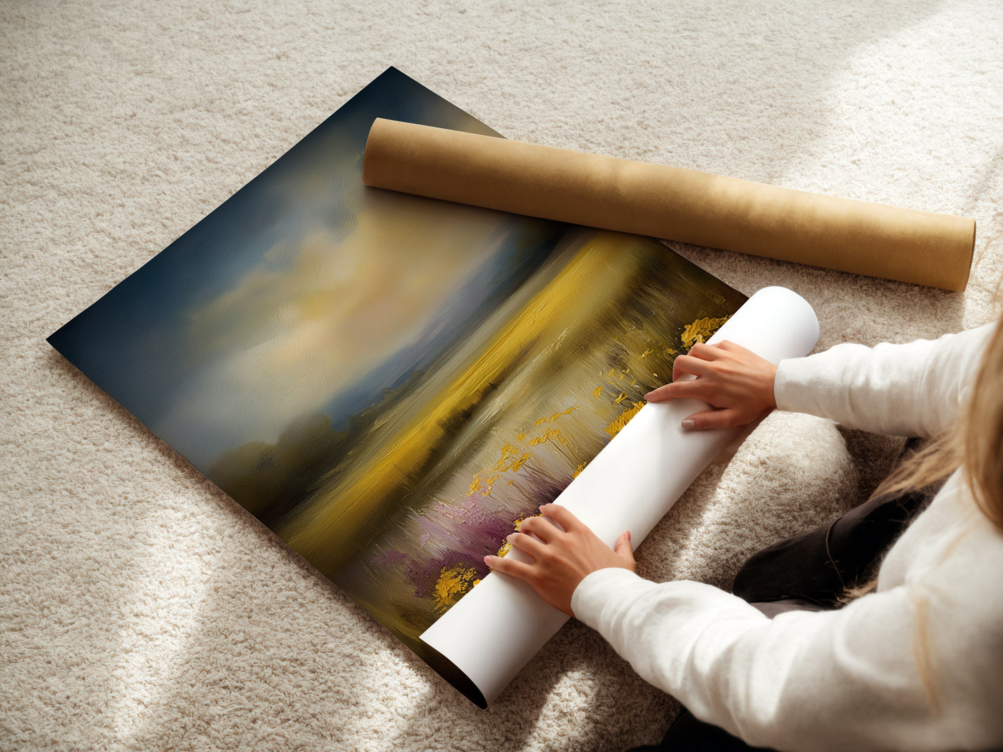 A woman is carefully rolling a fine art poster paper. The paper features a golden meadow artwork. This allows for safe and easy handling of the artwork. It is perfect for various display options and framing.