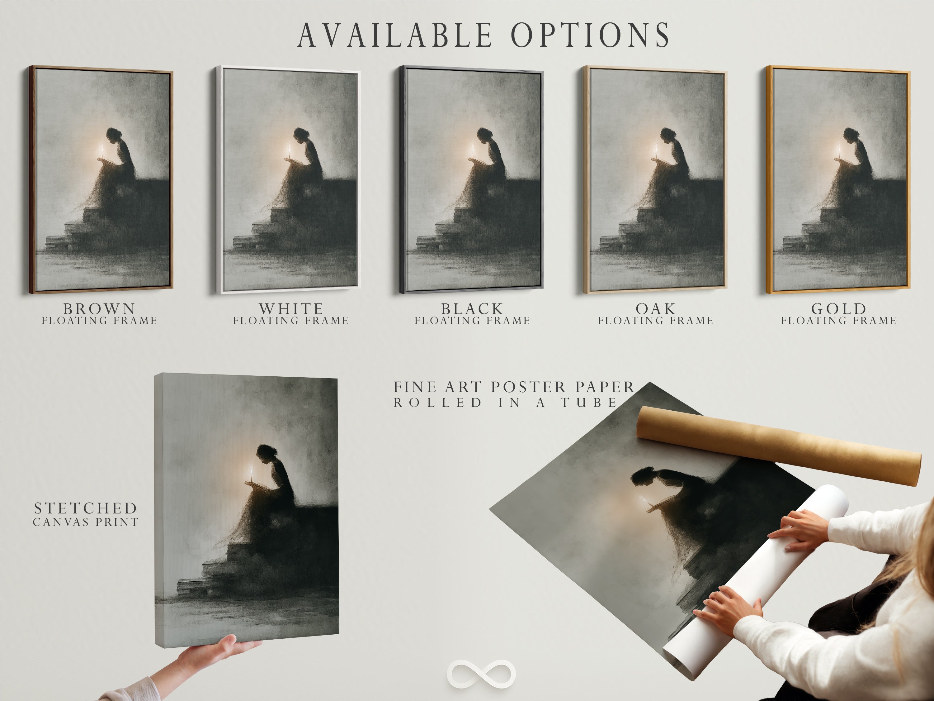 Available options for artwork. Choose from a stretched canvas print a fine art poster paper or a floating frame. Find the perfect option for your art. Enhance your space with our artwork.