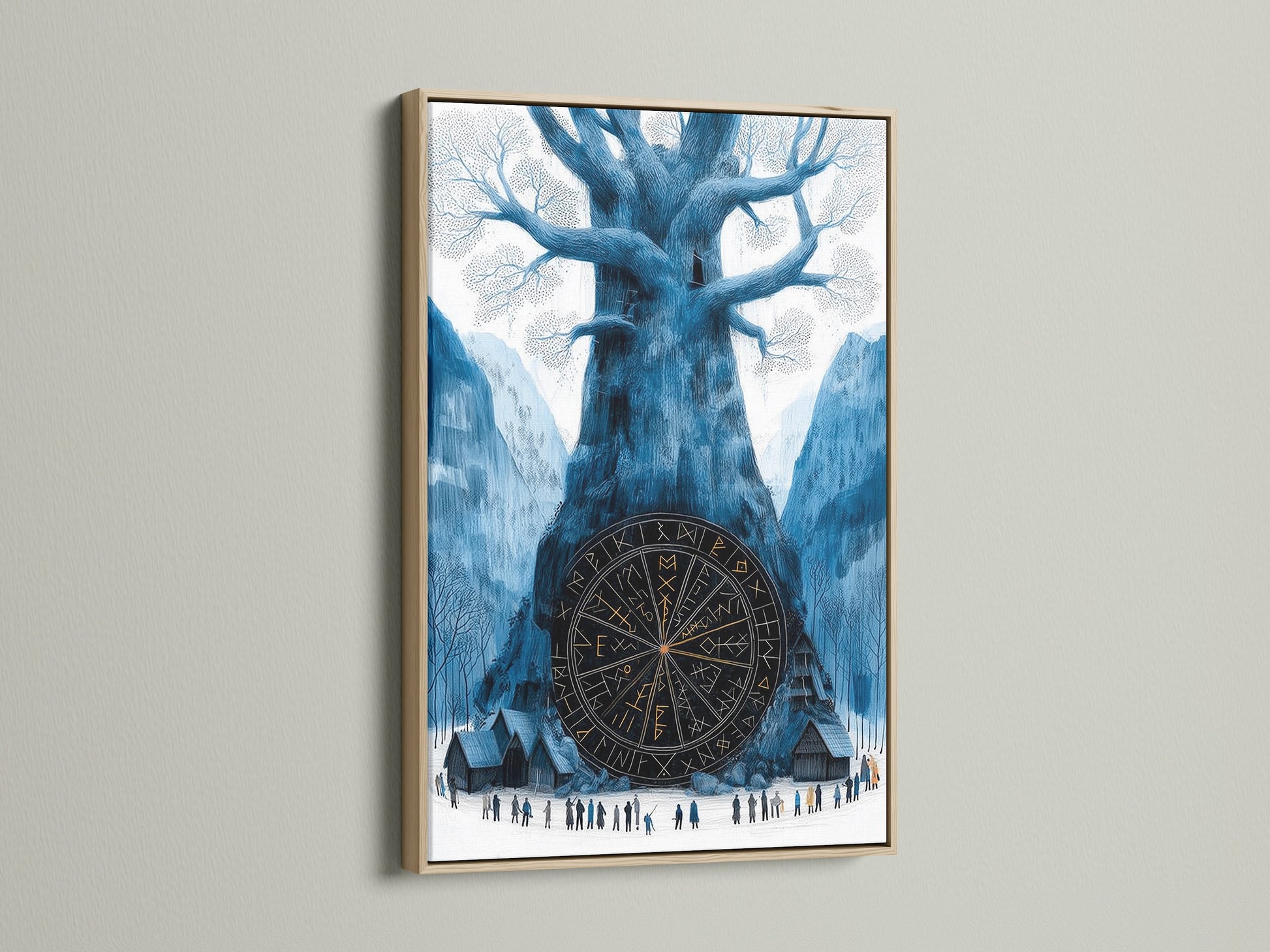 The Yggdrasil Canvas Print showcases Norse mythology in a beautiful oak frame. This Viking Tree of Life poster brings Scandinavian art to life. The oak frame enhances the teal and gold artwork. It's perfect for adding a Nordic touch to your living room or study room decor.