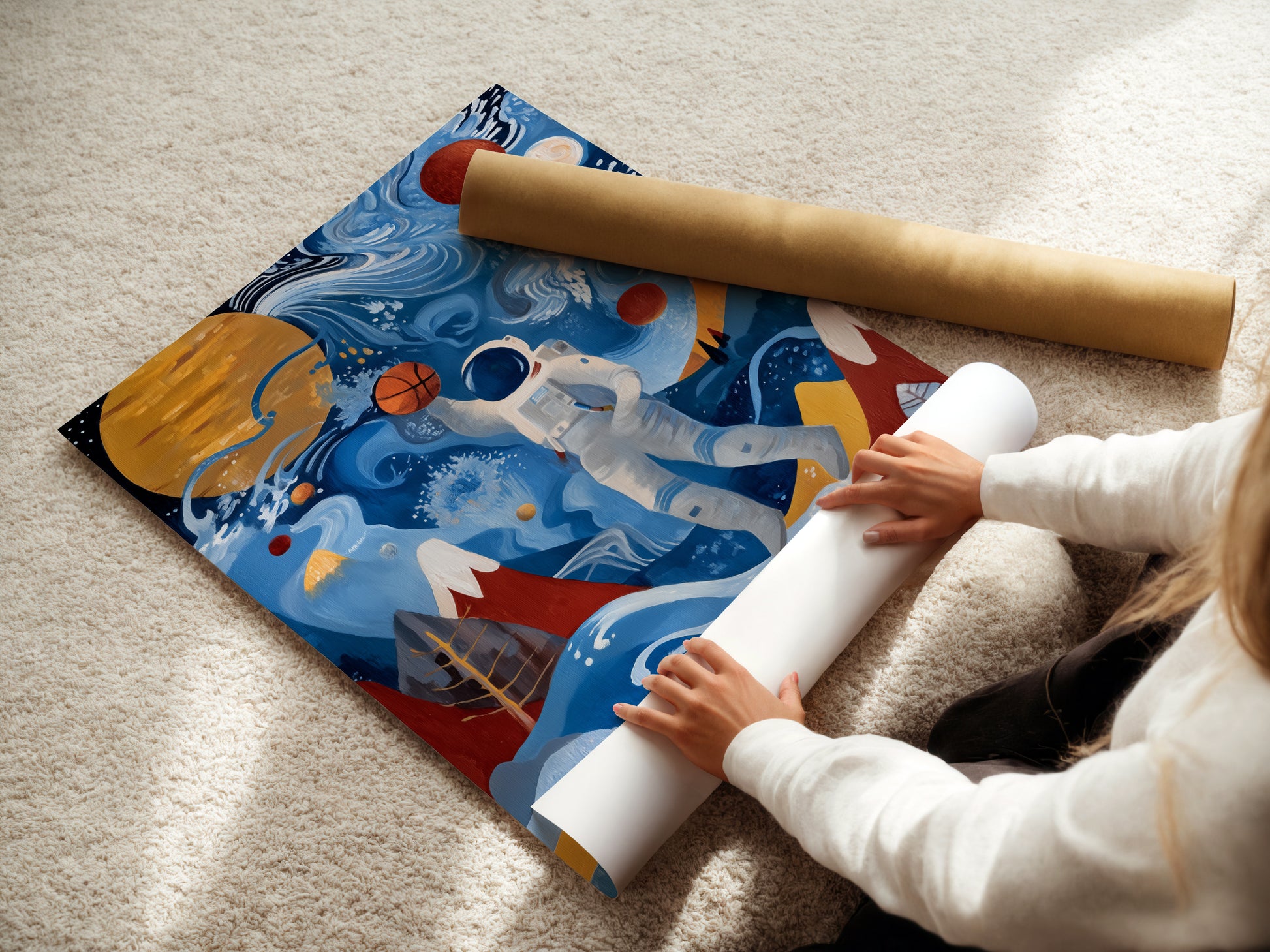 A woman is carefully rolling a fine art poster paper. The paper features a modern astronaut art print. This space themed artwork is perfect for various rooms. Consider it for kids rooms teen rooms or nurseries. It adds a playful touch.