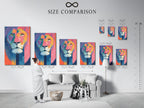 The size comparison chart is displayed in an interior setting. It helps visualize artwork dimensions in a room. Plan your wall art arrangement with confidence. Choose the perfect size for your space.