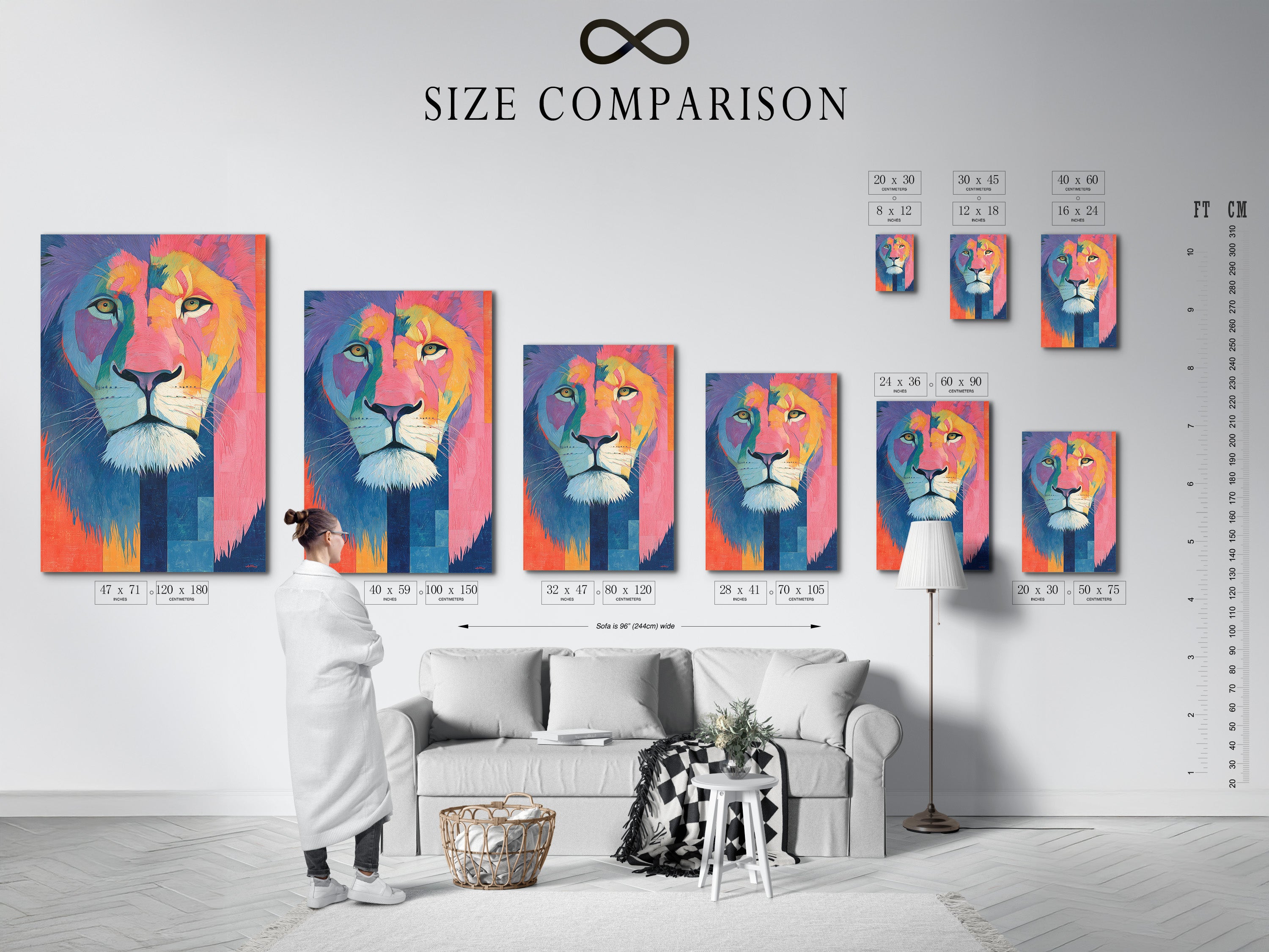 The size comparison chart is displayed in an interior setting. It helps visualize artwork dimensions in a room. Plan your wall art arrangement with confidence. Choose the perfect size for your space.