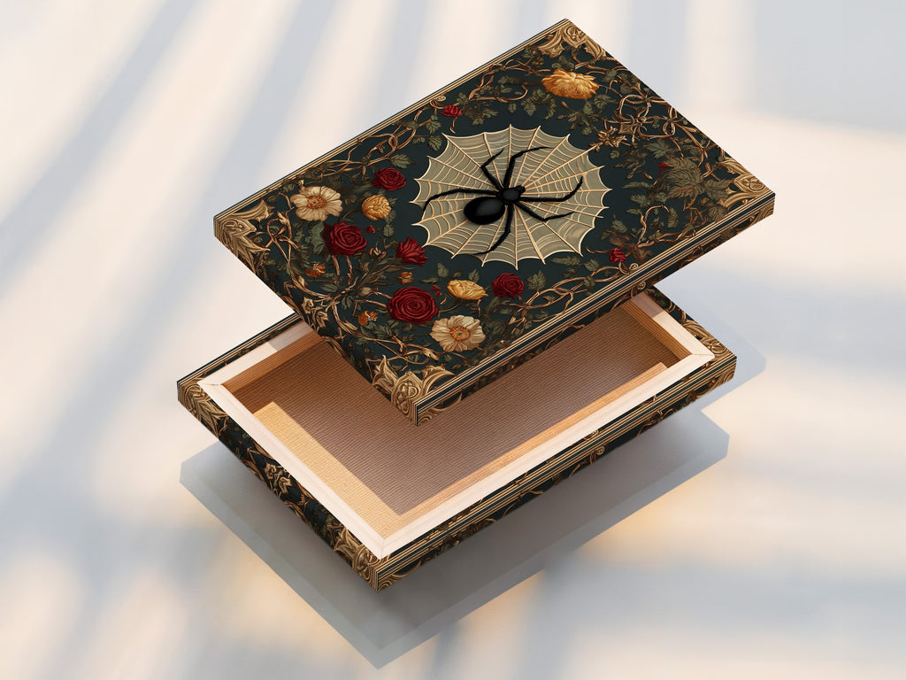 A stretched canvas print. It is ready to hang. The canvas print showcases a spider web and roses. The artwork is vibrant and detailed. Ideal for adding texture to your walls. A great way to display art.