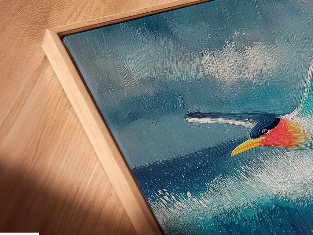 Angled close up of a canvas print in floating frame. See the texture and brushstrokes in this artwork. The floating frame adds a touch of elegance. Perfect for homeowners and renters alike.