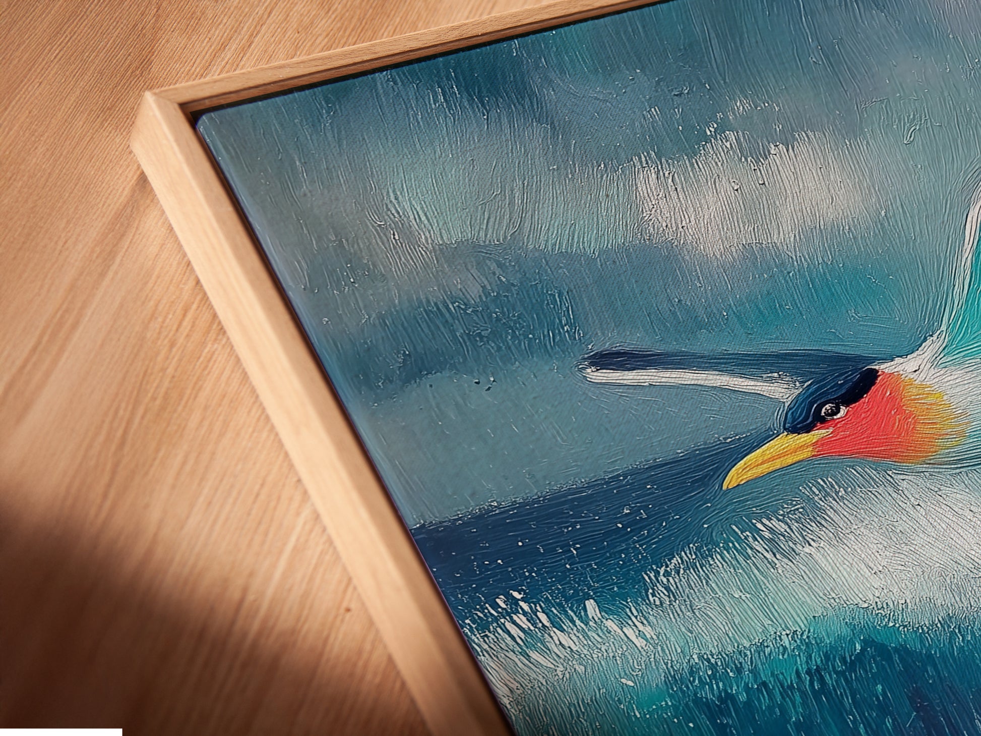 Angled close up of a canvas print in floating frame. See the texture and brushstrokes in this artwork. The floating frame adds a touch of elegance. Perfect for homeowners and renters alike.