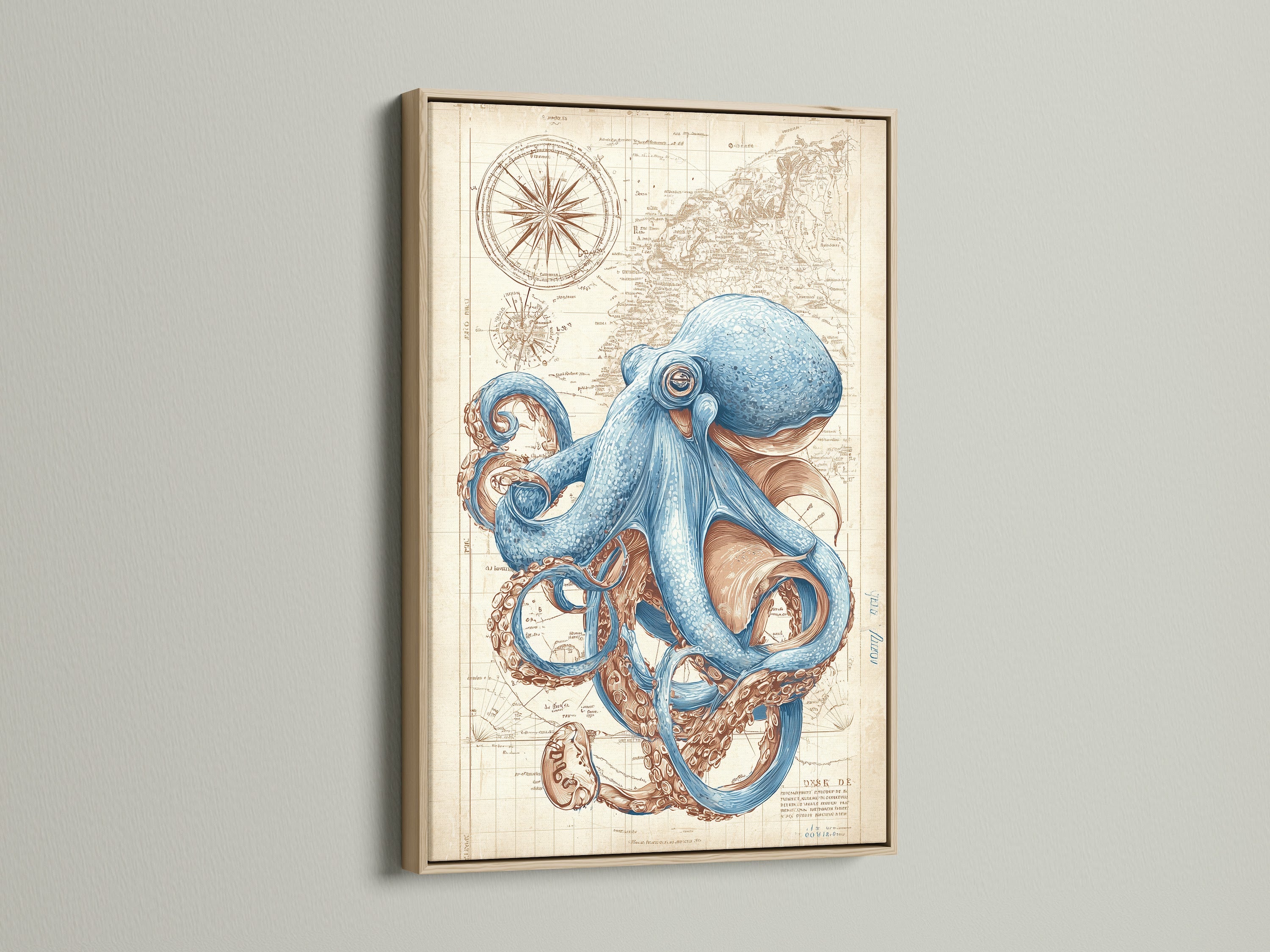 A stunning octopus artwork displayed in an oak frame. The frame enhances the intricate details of the artwork. The piece is mounted on a clean white wall. Ideal for adding a touch of elegance to your space. Perfect for nautical and sea life art collectors.