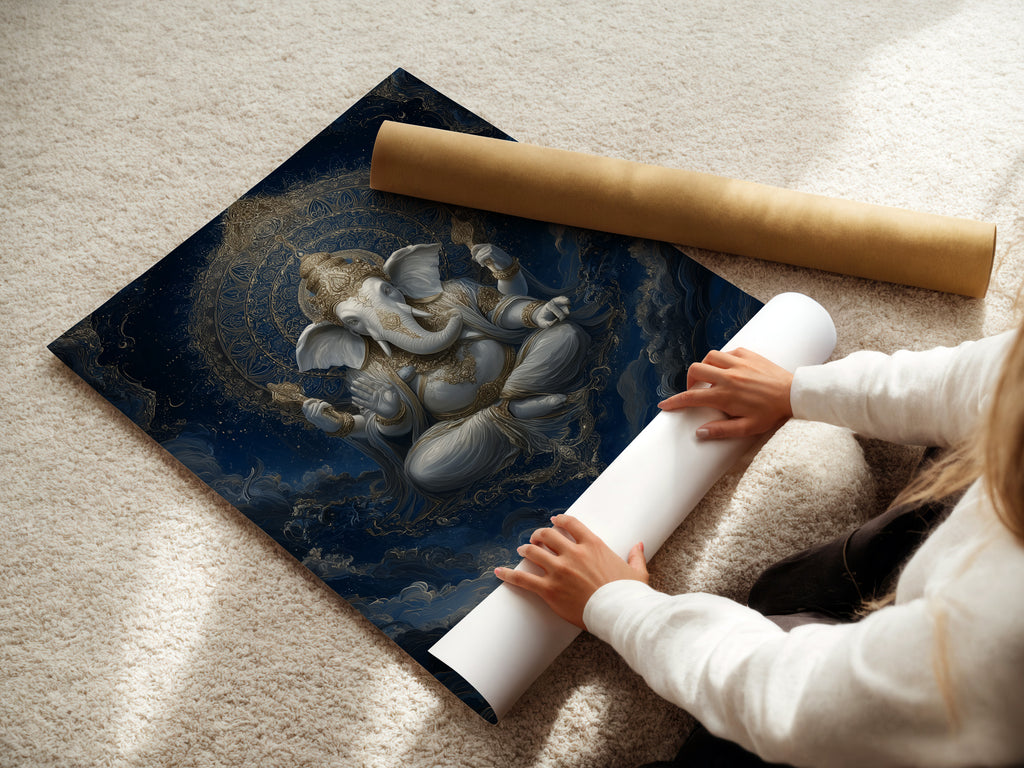 A woman rolling fine art poster paper. She is preparing a Ganesha print. This spiritual wall decor is perfect for your meditation room. It's ideal for creating a peaceful and inspiring atmosphere.