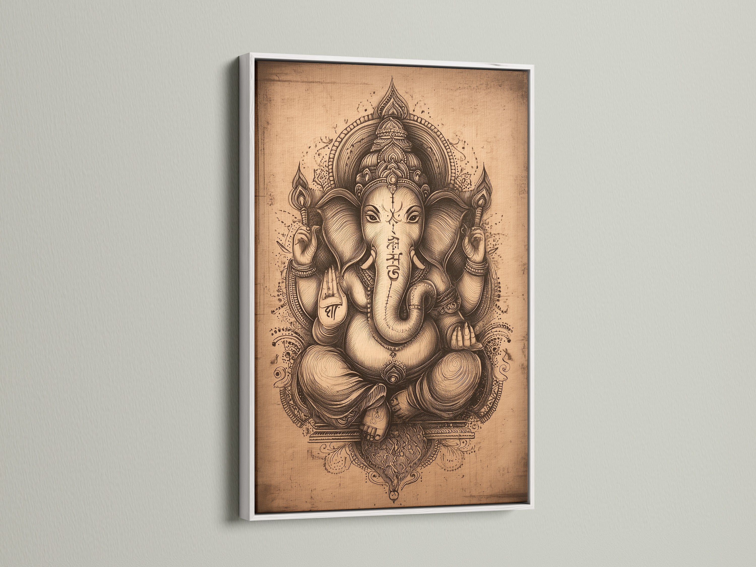 Ganesha Wall Art with a clean white frame. This spiritual Elephant God artwork enhances any room's decor. The Hindu canvas print adds a zen vibe to a meditation room or yoga space. A serene art piece.