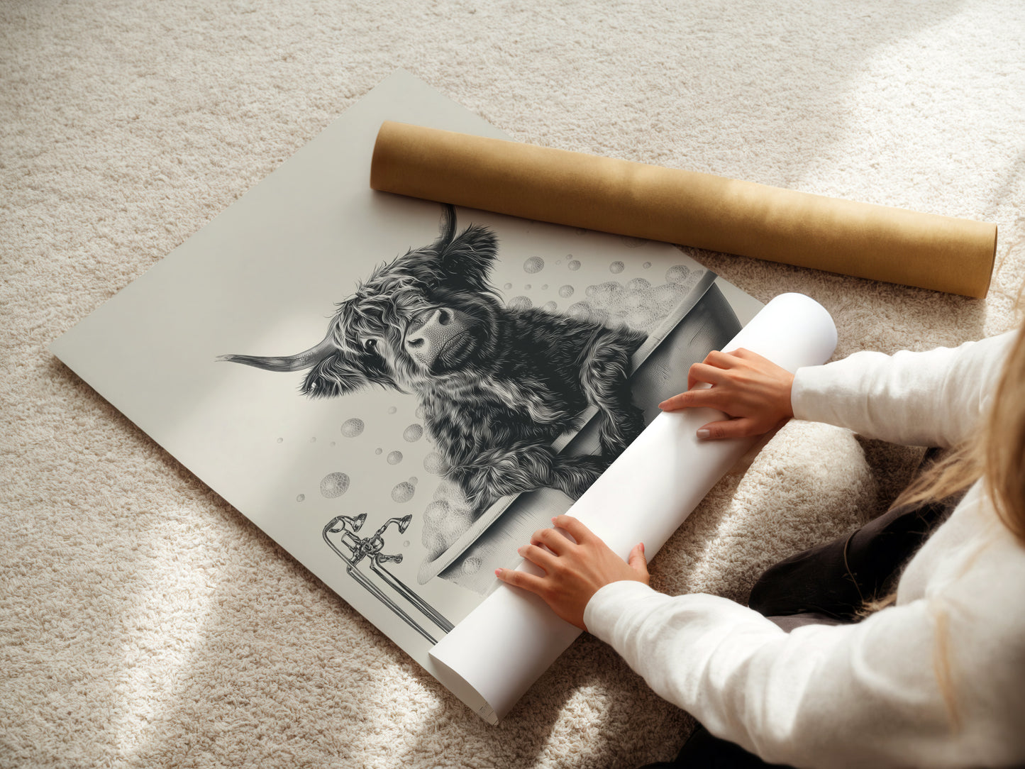 A woman is carefully rolling a fine art poster paper of a highland cow in a tub. The artwork captures a Scottish cow enjoying a bubble bath. Ideal for bathroom wall decor and farmhouse aesthetics. The print is perfect for cow lovers and art enthusiasts. It adds a whimsical touch to any room.
