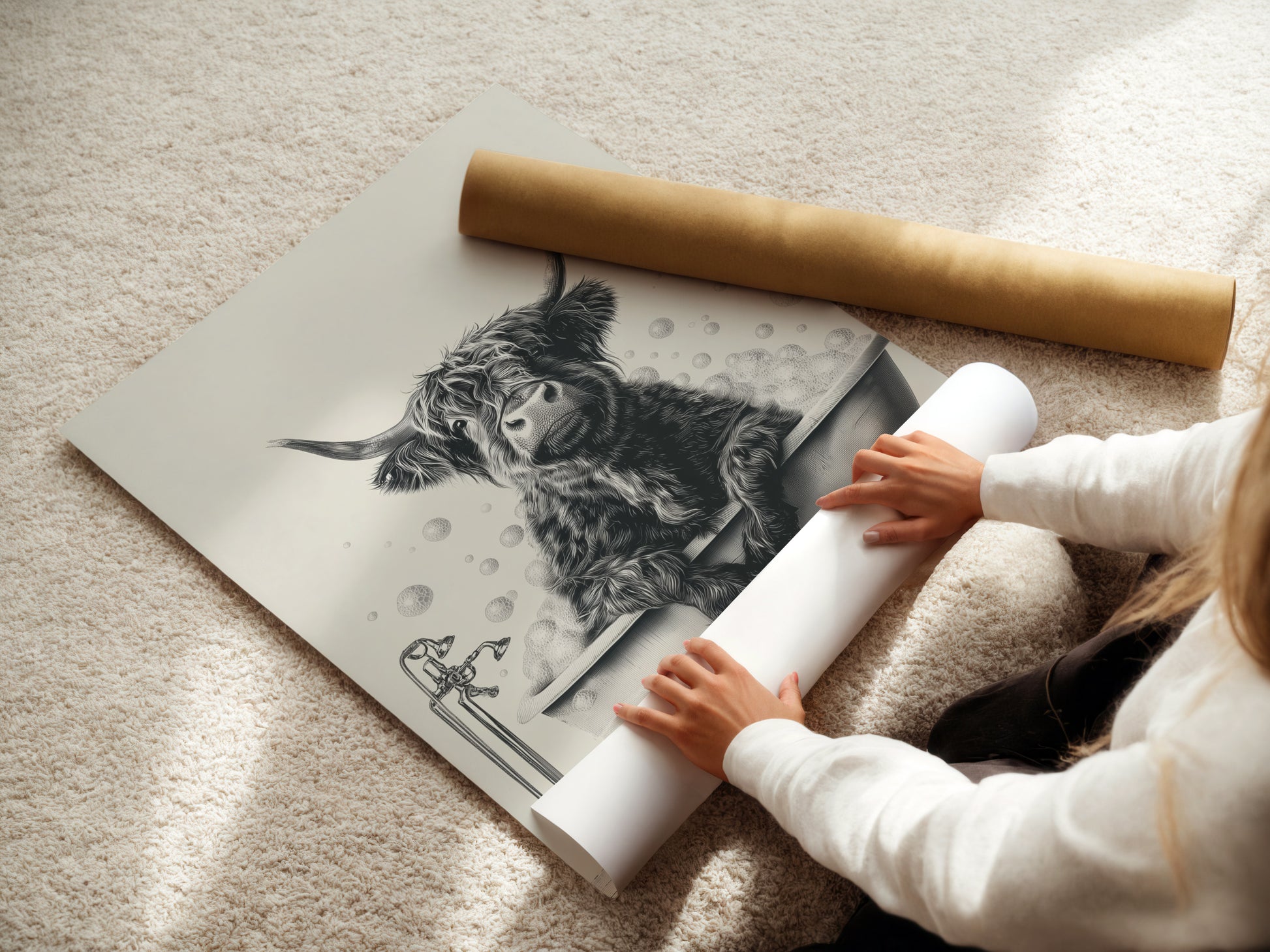 A woman is carefully rolling a fine art poster paper of a highland cow in a tub. The artwork captures a Scottish cow enjoying a bubble bath. Ideal for bathroom wall decor and farmhouse aesthetics. The print is perfect for cow lovers and art enthusiasts. It adds a whimsical touch to any room.