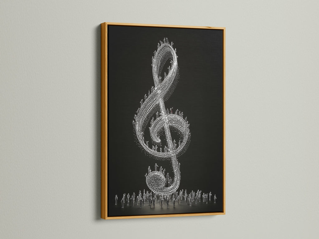 A gold frame surrounds this contemporary music artwork. The treble clef print features tiny figures. This adds a unique touch. The gold frame enhances the artwork's elegance. It's ideal for a music lover's collection. Perfect for music stores.