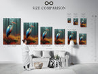 A size comparison chart is displayed in an interior setting. Visualize how heron canvas prints fit your space. Choose the perfect size for your teal and orange bird artwork. Ideal for home or office wall decor. Explore various sizes of heron art and nature prints today.