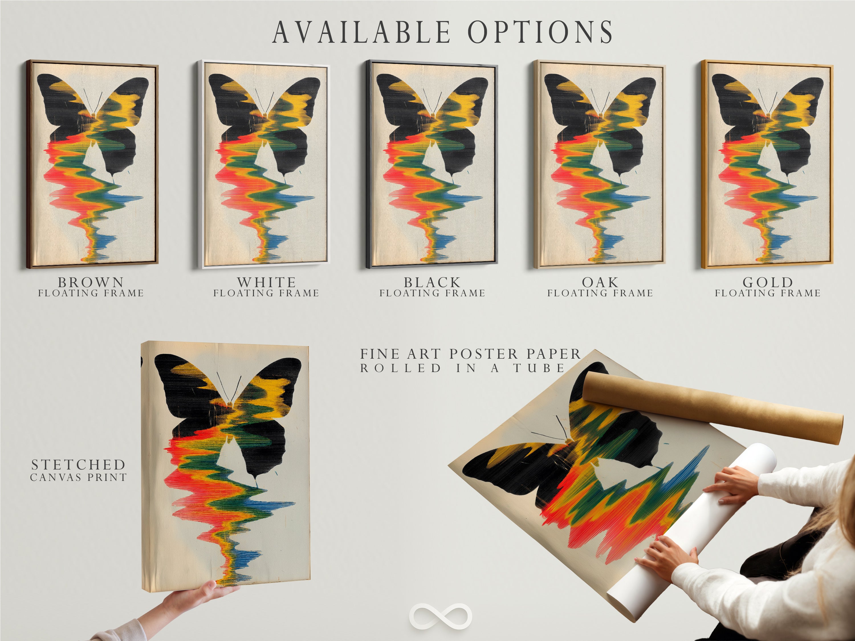 Available options for the butterfly artwork. Including stretched canvas prints fine art poster paper and floating frames. Customize your artwork to match your unique style. Discover all our options and create your perfect piece today