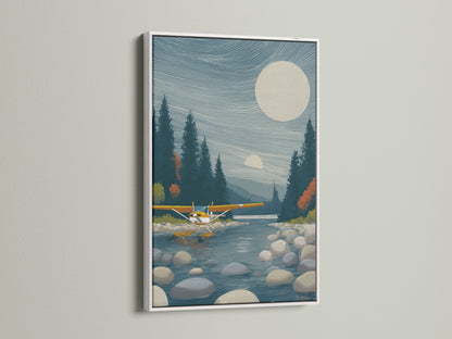 Seaplane canvas artwork in a white frame. Modern aviation artwork for cabin decor. This lake landscape artwork brings serene beauty. Ideal for aviation enthusiasts and rustic decor lovers. Transform your space with this captivating nature artwork.