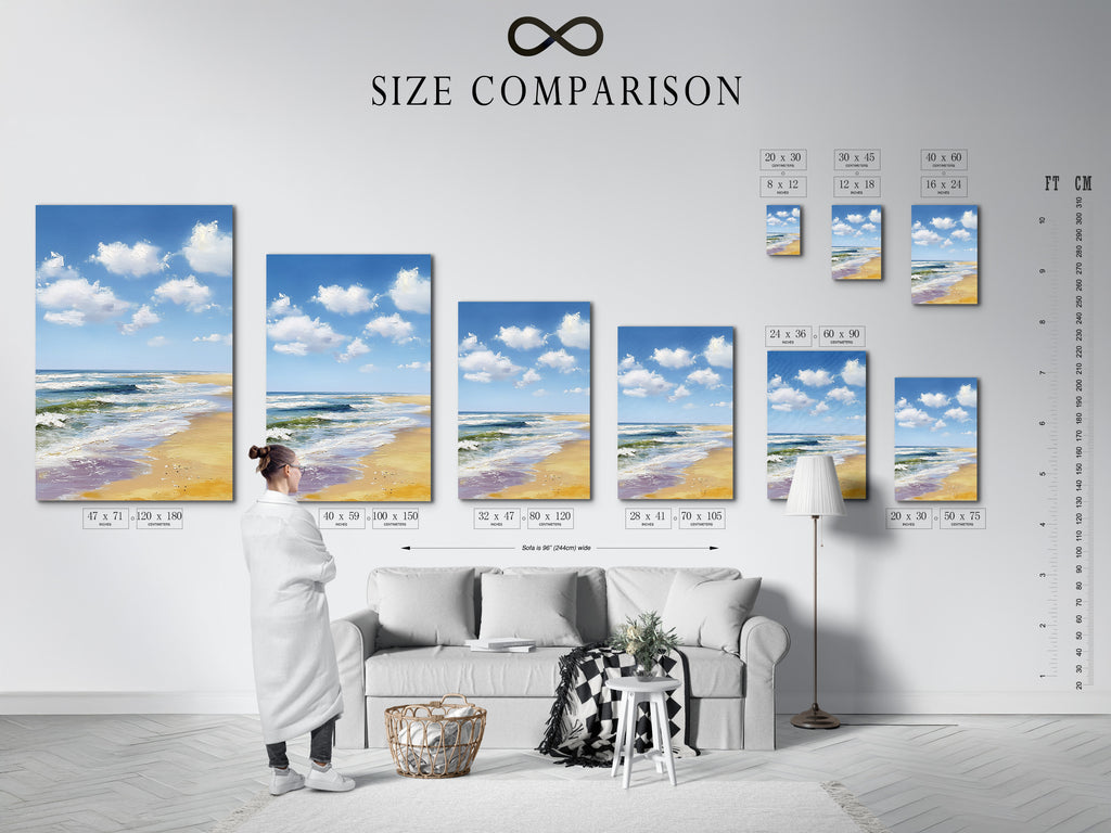 A size comparison chart is displayed in an interior setting. This chart helps visualize the artwork's dimensions. It aids in selecting the perfect size for your space. It ensures a harmonious fit with your decor.