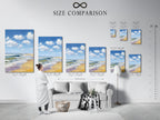 A size comparison chart is displayed in an interior setting. This chart helps visualize the artwork's dimensions. It aids in selecting the perfect size for your space. It ensures a harmonious fit with your decor.