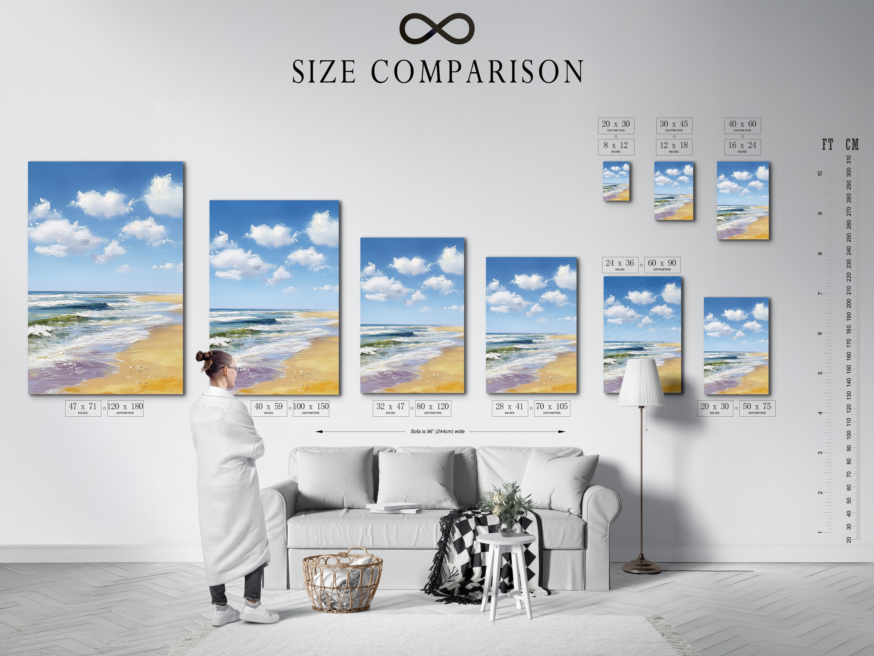A size comparison chart is displayed in an interior setting. This chart helps visualize the artwork's dimensions. It aids in selecting the perfect size for your space. It ensures a harmonious fit with your decor.