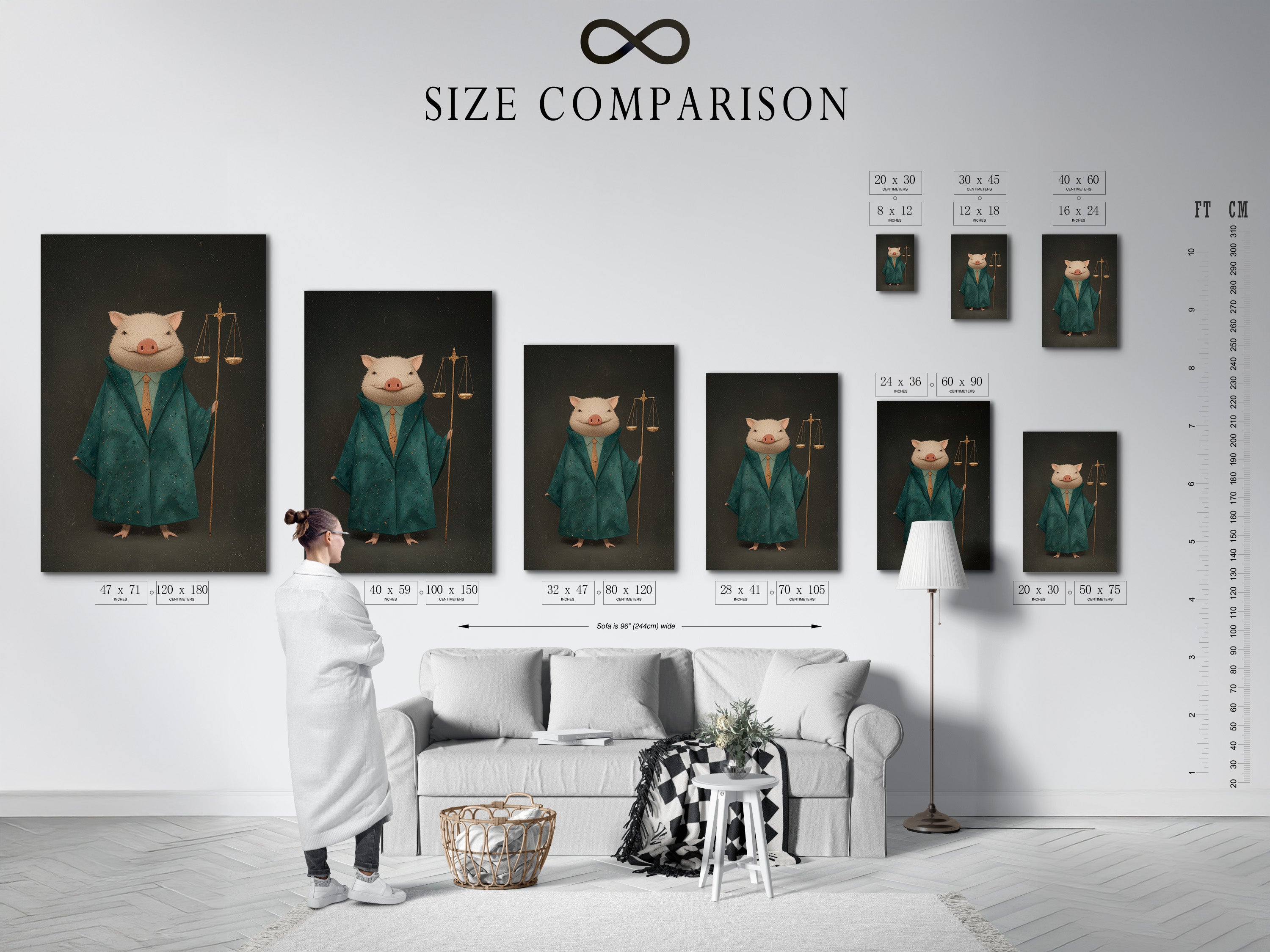 A size comparison chart showcases the Lawyer Pig artwork in an interior setting. See how this legal office art fits in your space. The justice scales animal canvas adds sophistication to law firm decor. An ideal attorney gift. Victorian style with green and gold.