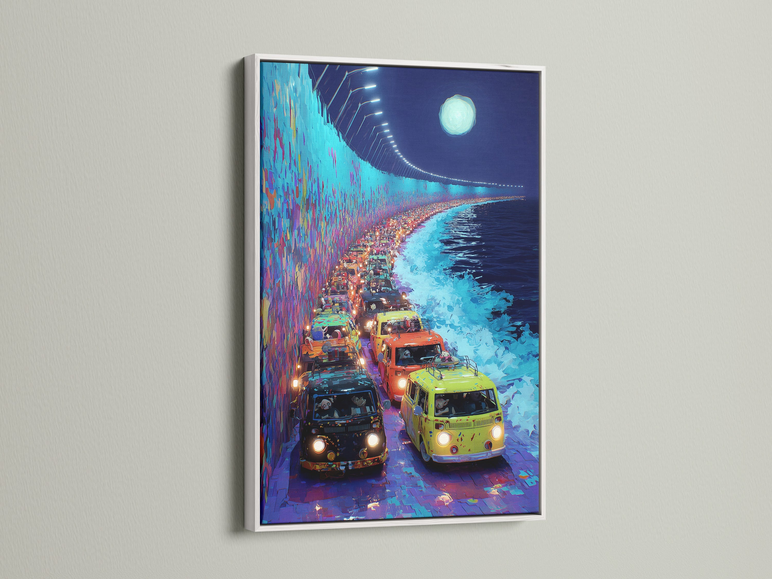 Retro van coastal highway artwork with a white frame. This vintage vehicle poster brings a bohemian touch. The white frame makes the turquoise art pop. Ideal for living room bedroom or office wall art. The retro travel art suits eclectic styles perfectly.