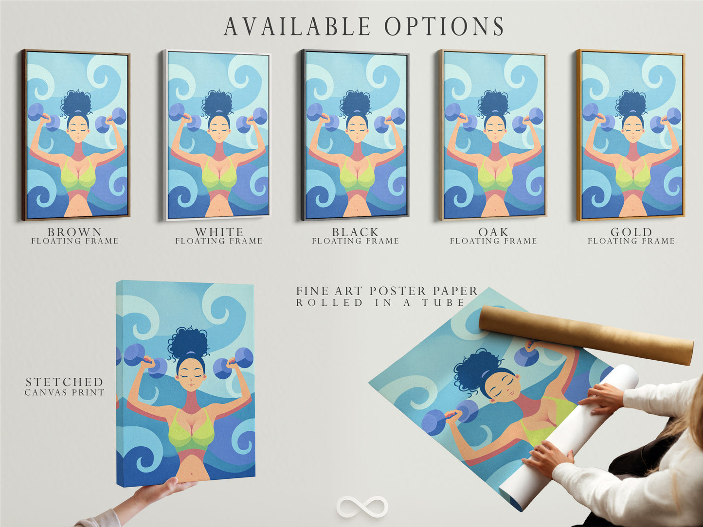 Available options include stretched canvas print fine art poster paper and floating frame. All display the fitness woman artwork. This motivational gym wall art enhances home gym decor. It embodies strength training.